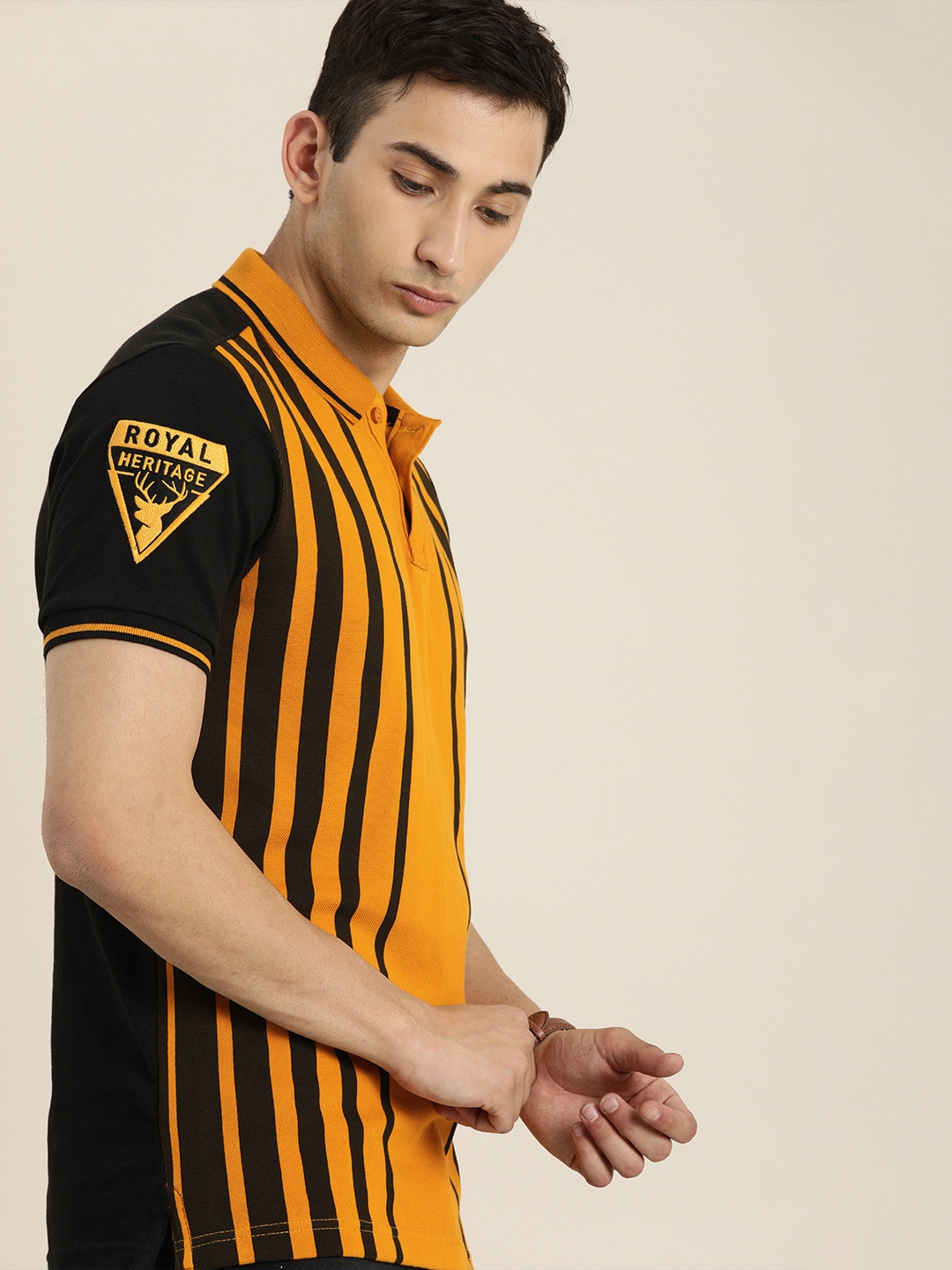 

Moda Rapido Men Black Striped Polo Collar Pure Cotton T-shirt