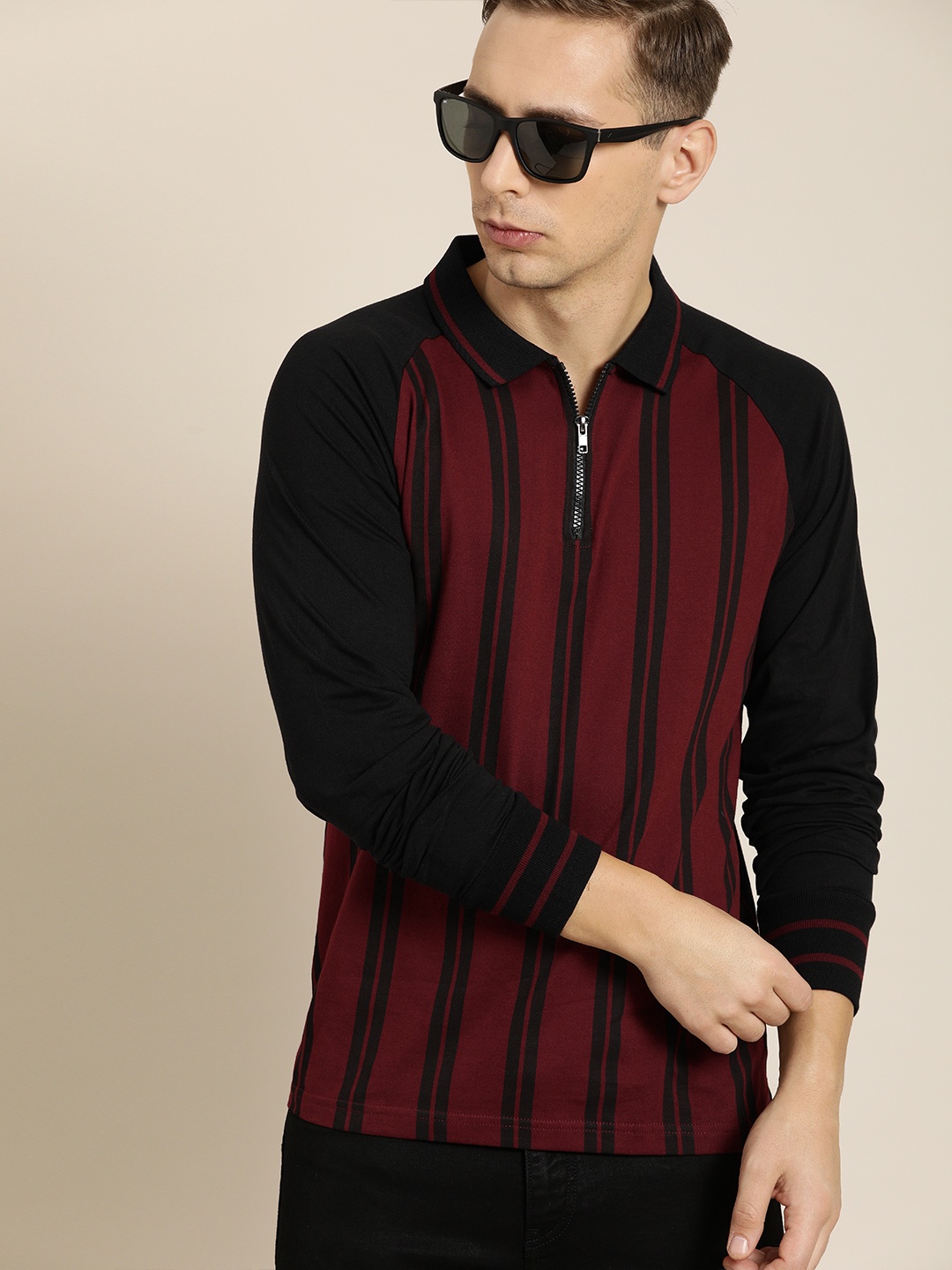 

Moda Rapido Men Maroon Black Striped Polo Collar Pure Cotton T-shirt