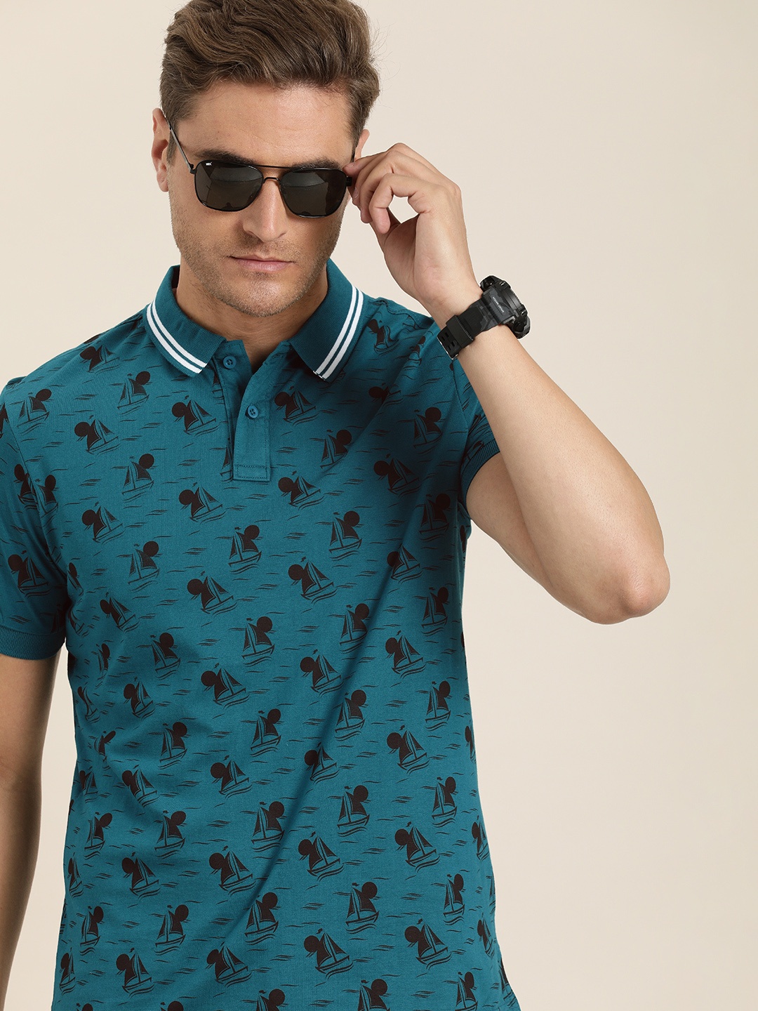 

Moda Rapido Men Teal blue Printed Polo Collar T-shirt