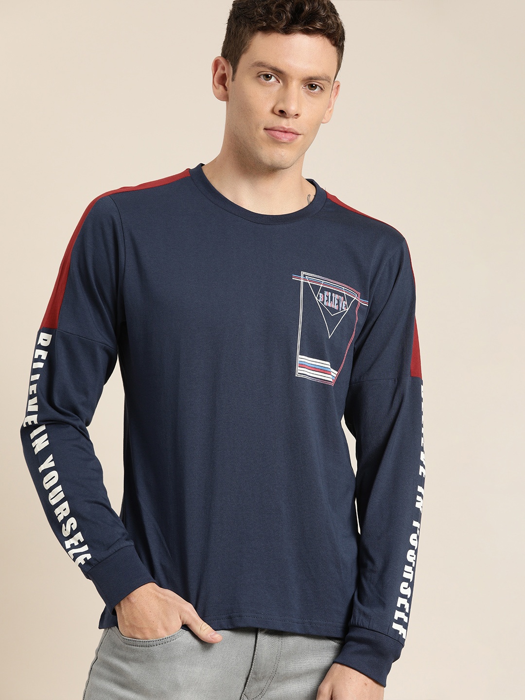 

Moda Rapido Men Navy Blue Printed Round Neck Pure Cotton T-shirt