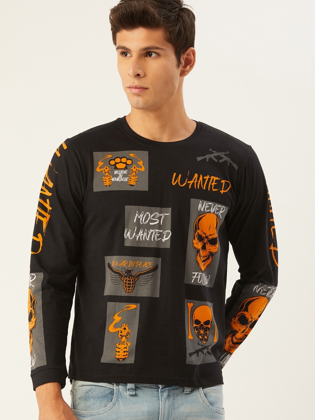 

Moda Rapido Men Black Orange Graphic Printed Pure Cotton T-shirt
