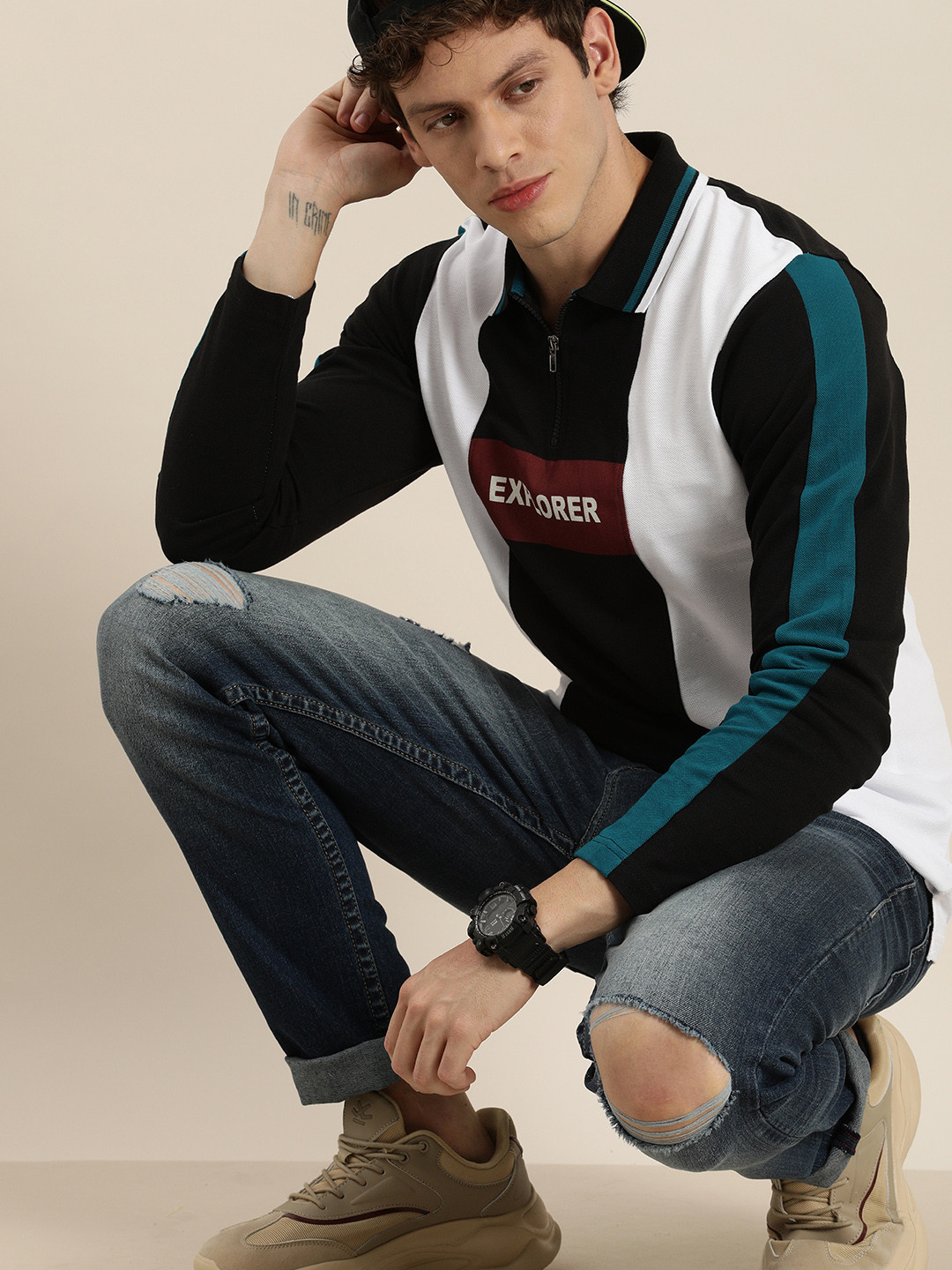 

Moda Rapido Men Navy Blue White Colourblocked Polo Collar Pure Cotton T-shirt with Printed Detail