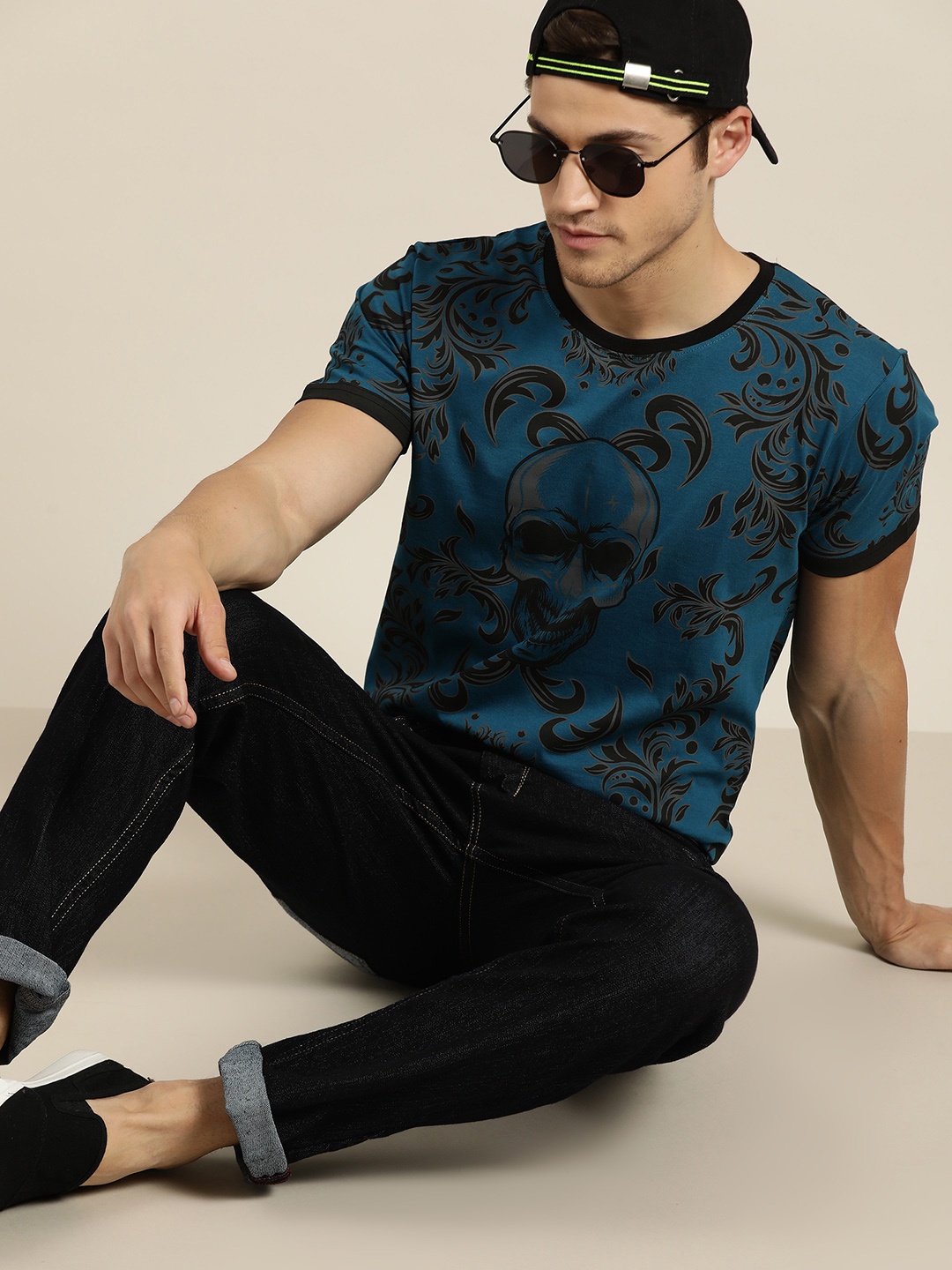 

Moda Rapido Men Teal Blue Black Printed Round Neck Pure Cotton T-shirt
