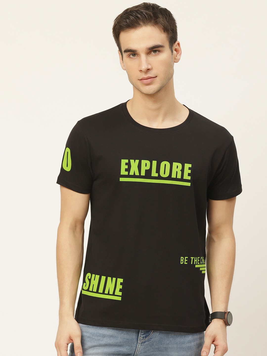 

Moda Rapido Men Black Green Cotton Typography Printed Pure Cotton T-shirt