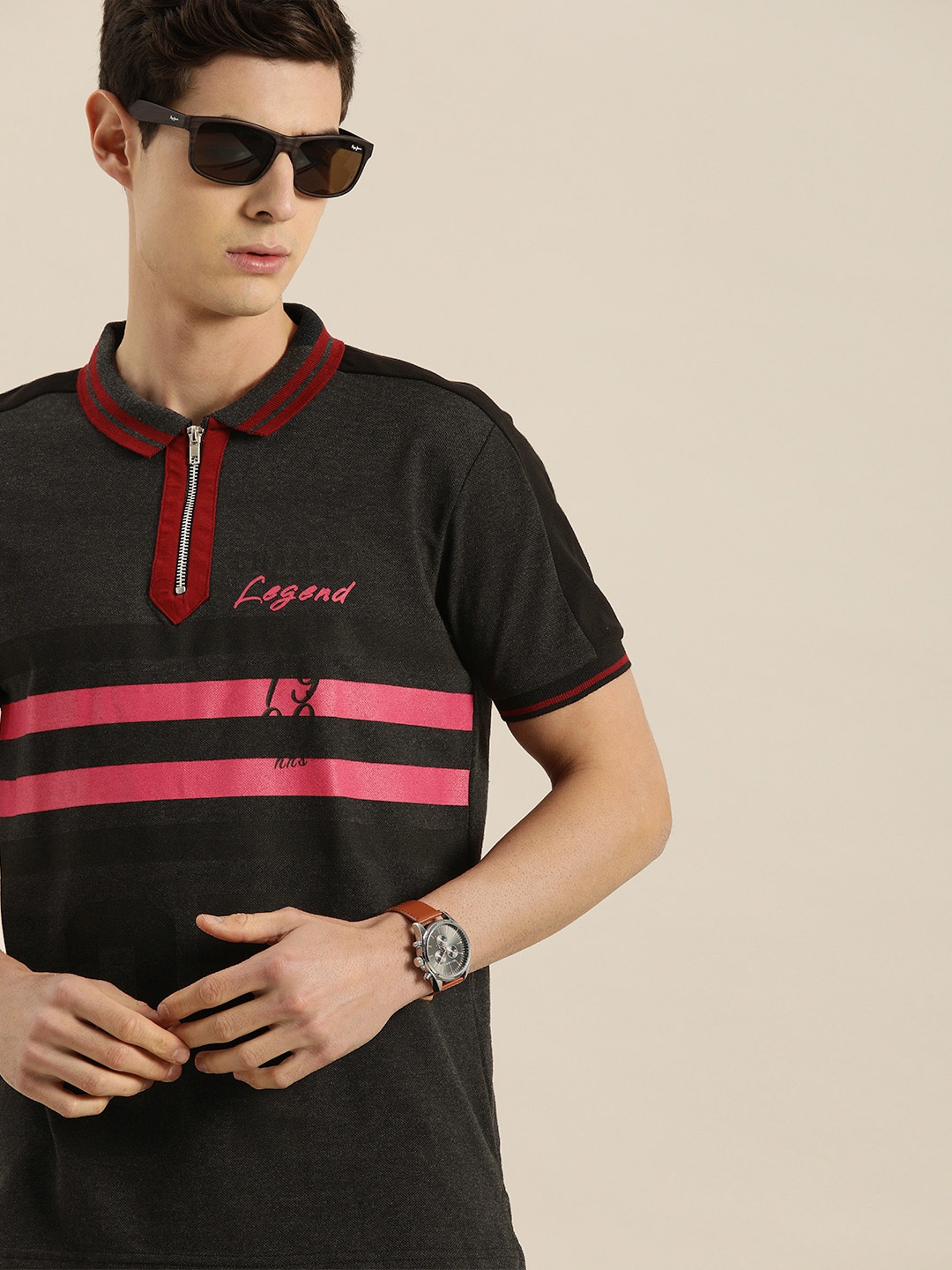 

Moda Rapido Men Charcoal Striped Polo Collar T-shirt