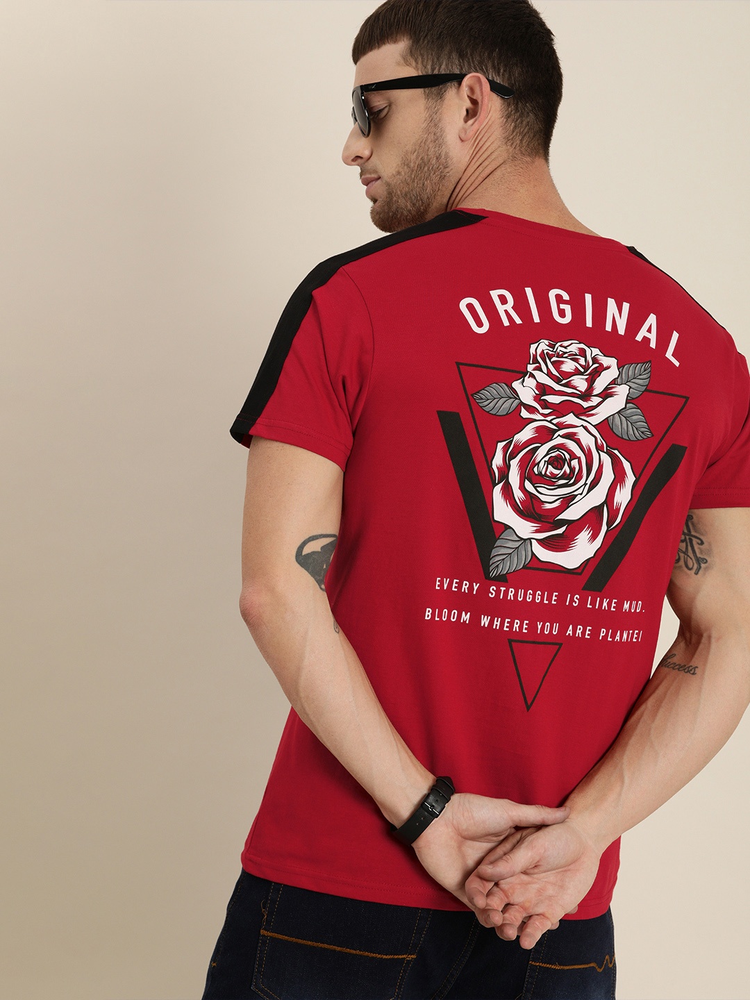 

Moda Rapido Men Red Floral Printed Round Neck Pure Cotton T-shirt