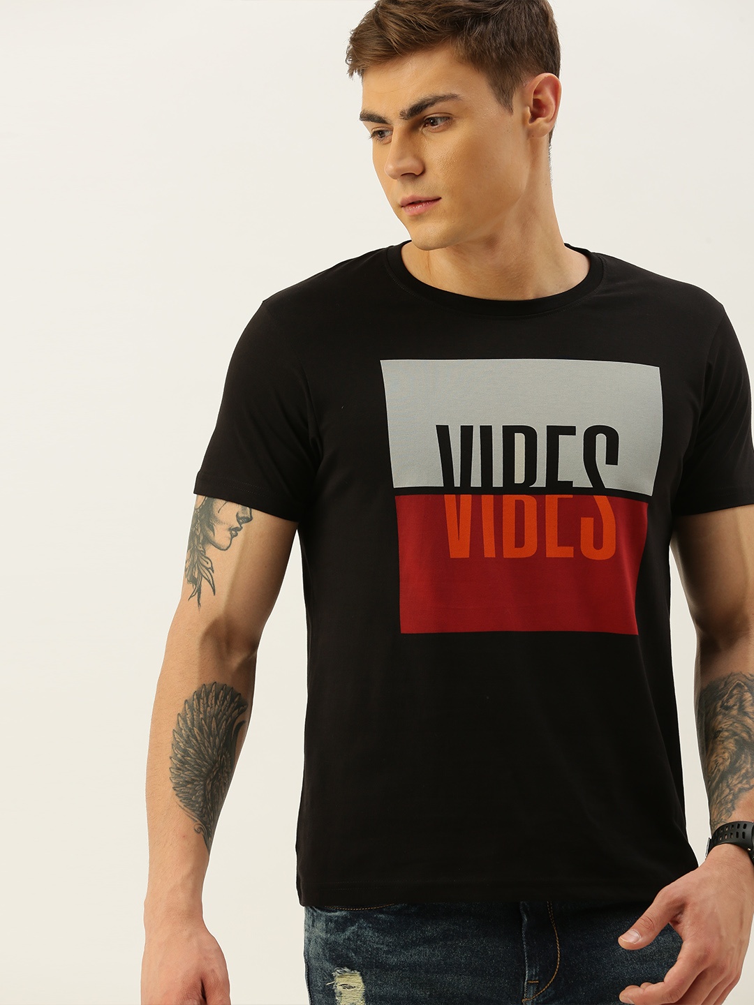 

Moda Rapido Men Black Printed Round Neck Pure Cotton T-shirt