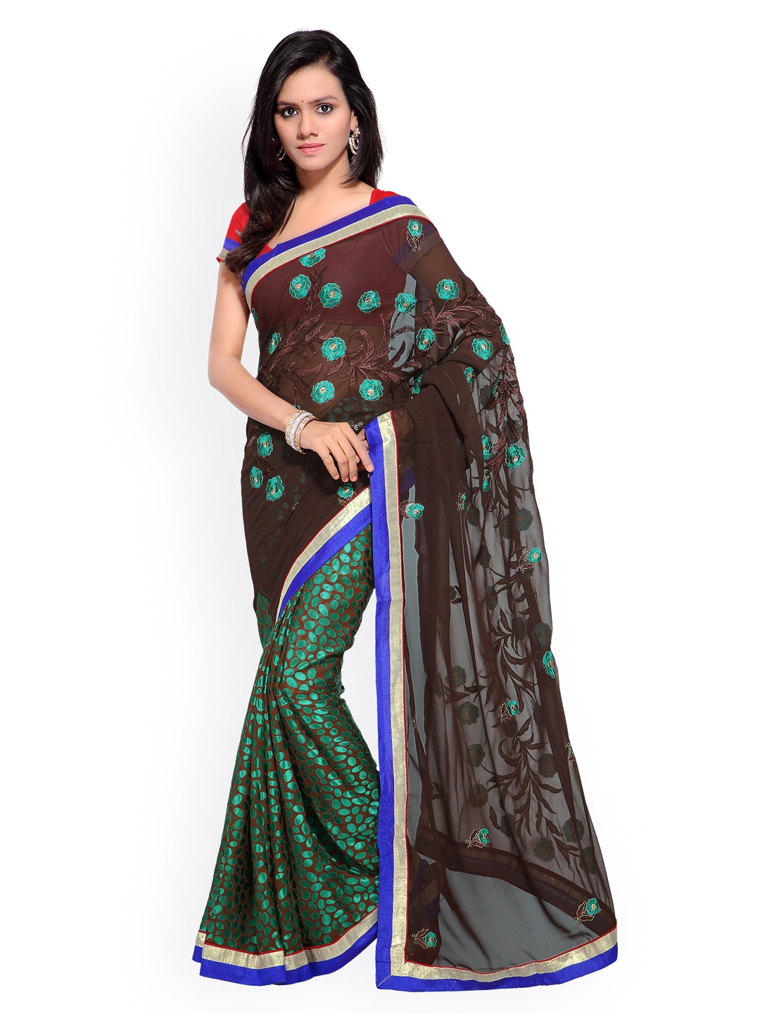 

Kalista Brown & Green Embroidered Brasso & Georgette Saree