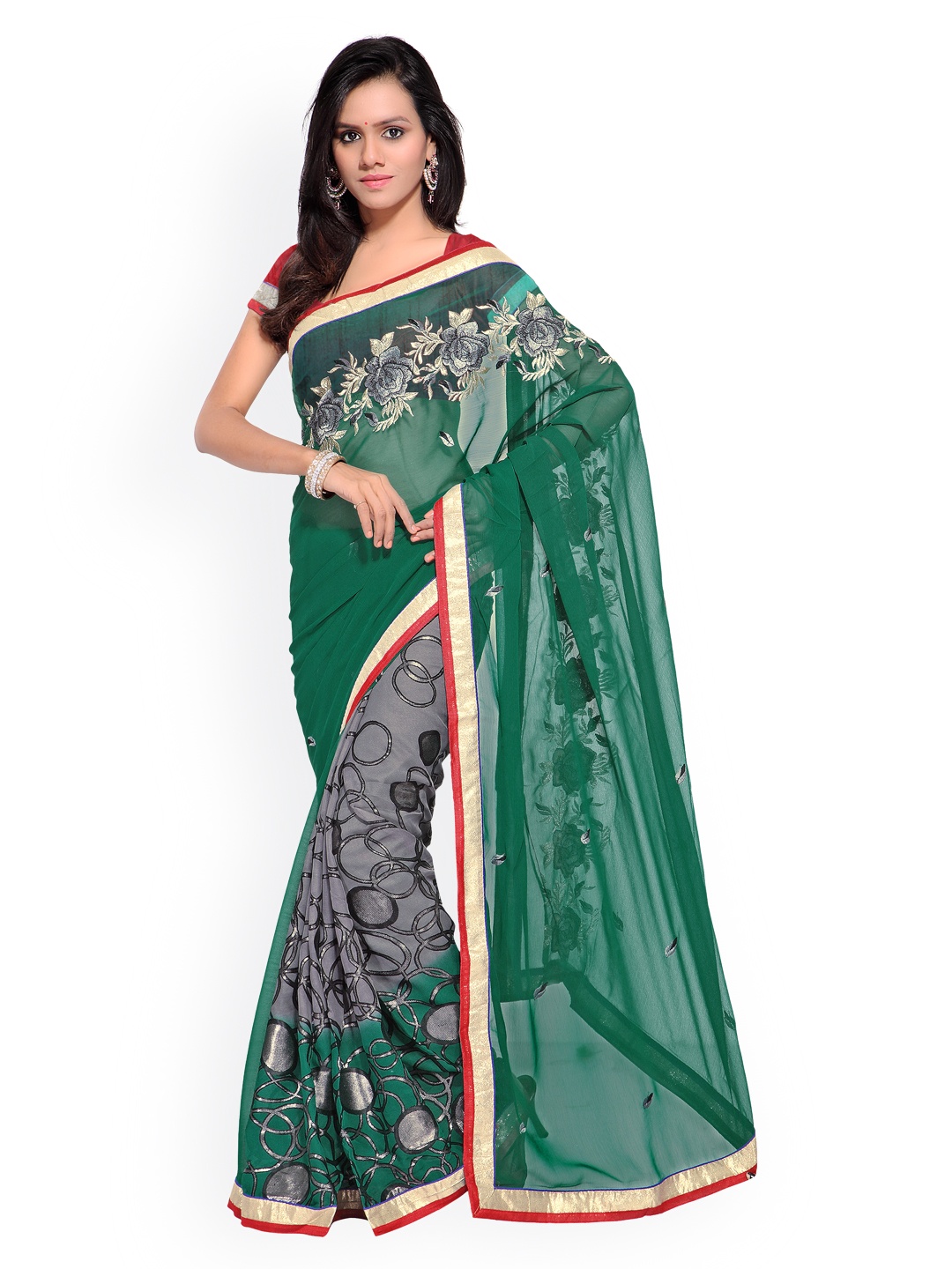 

Kalista Green & Grey Embroidered Georgette Saree