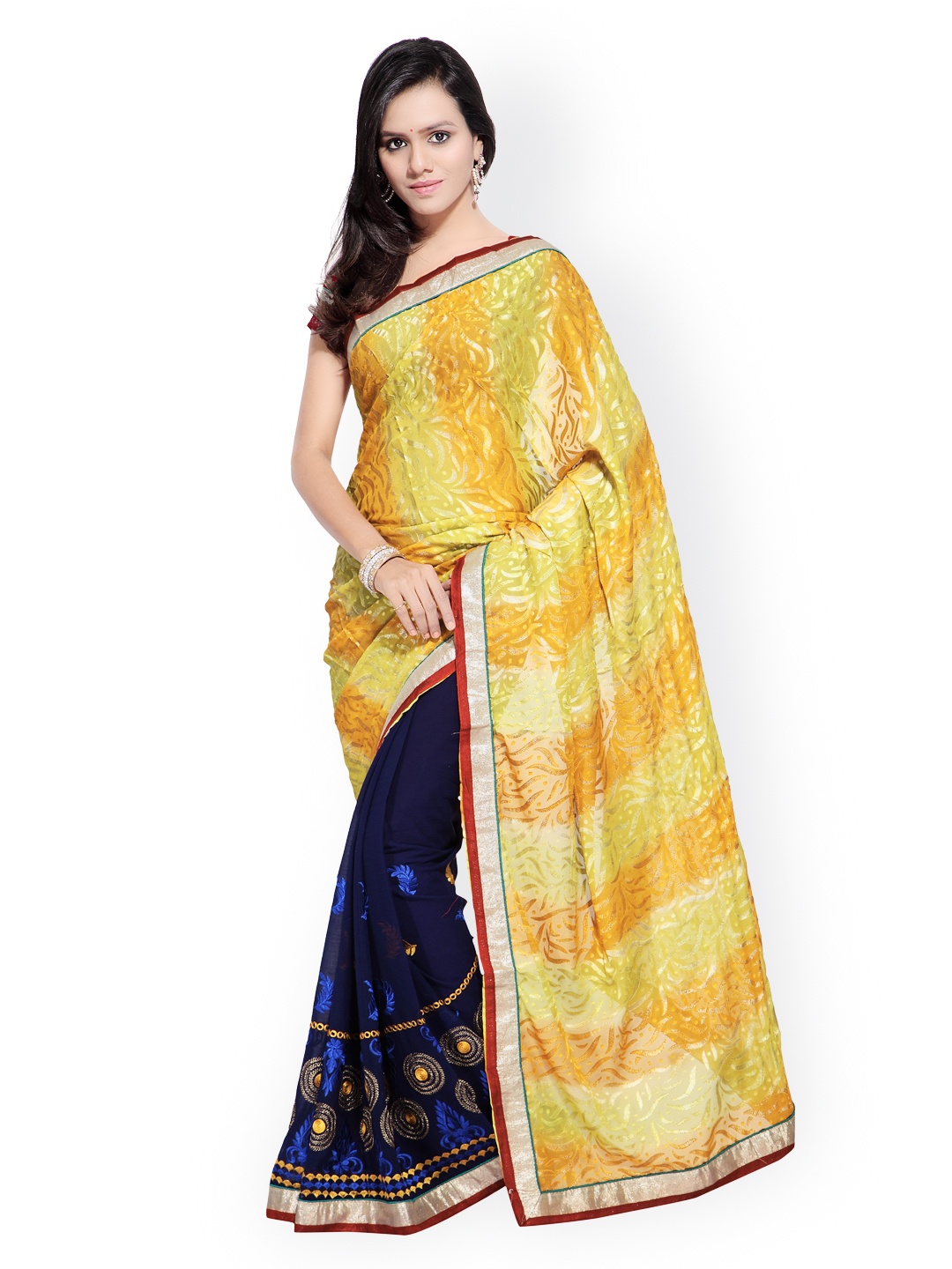 

Kalista Yellow & Blue Embroidered Georgette Saree