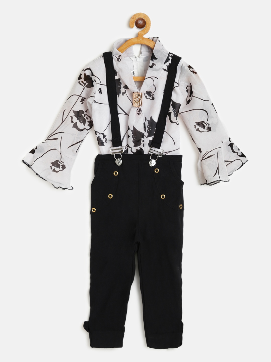 

AD & AV Girls Navy Blue & White Printed Top & Solid Trousers with Attached Suspenders