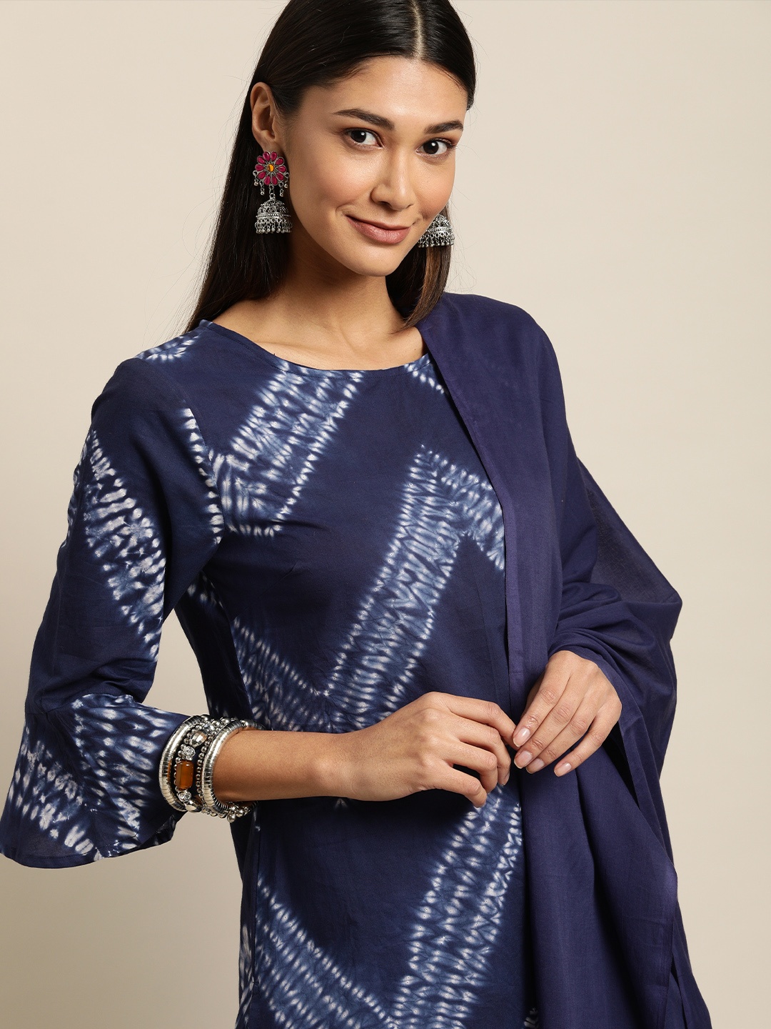 

Taavi Women Navy Blue & White Indigo Tie Dye Sustainable Kurta with Palazzos & Dupatta