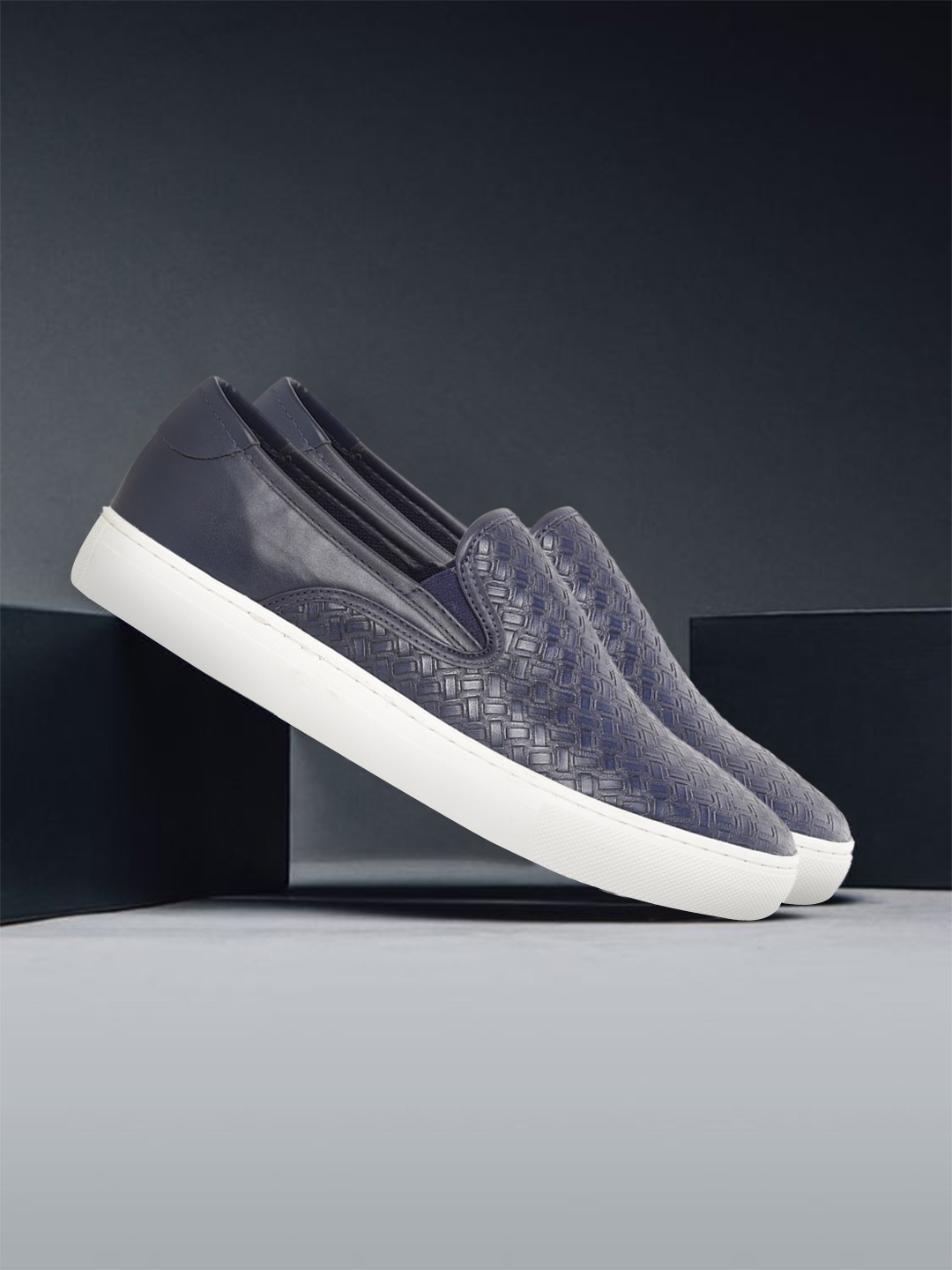 

WROGN Men Navy Blue Basketweave Textured Slip-On Sneakers