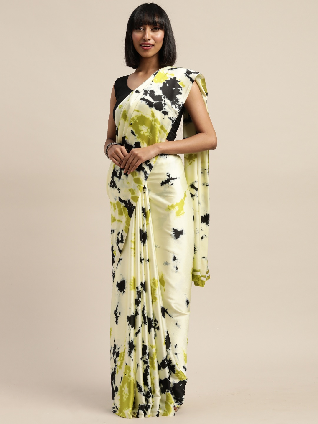 

Mitera Off-White & Lime Green Satin Dyed Saree