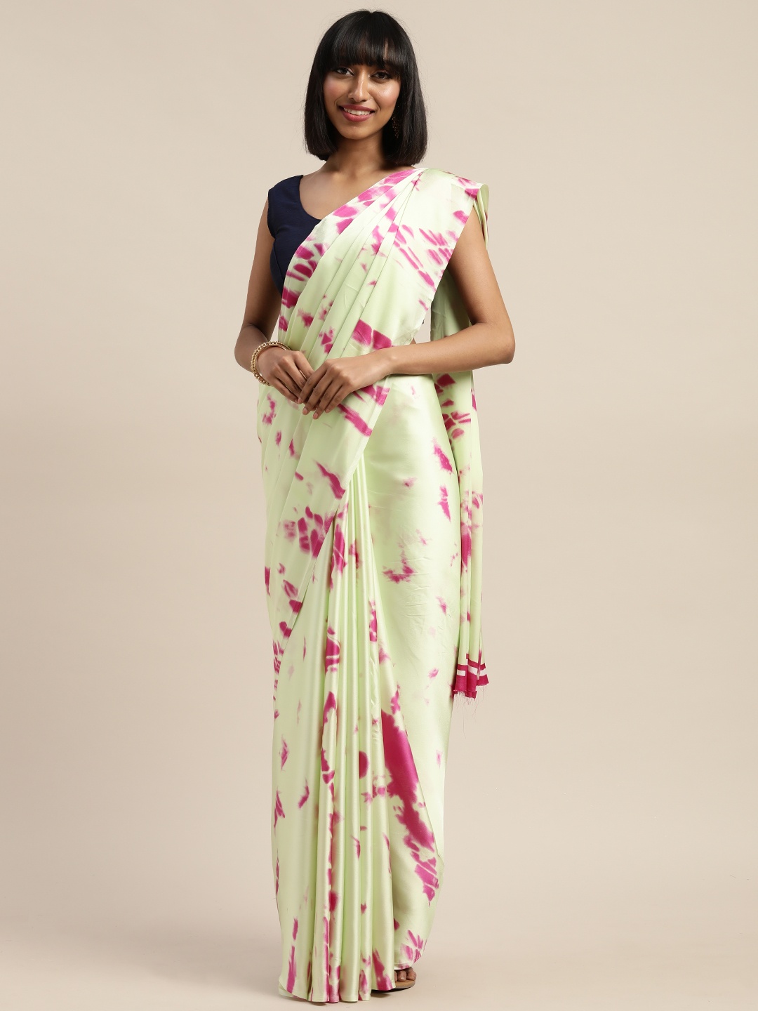 

Mitera Green & Pink Tie & Dye Printed Poly Crepe Saree