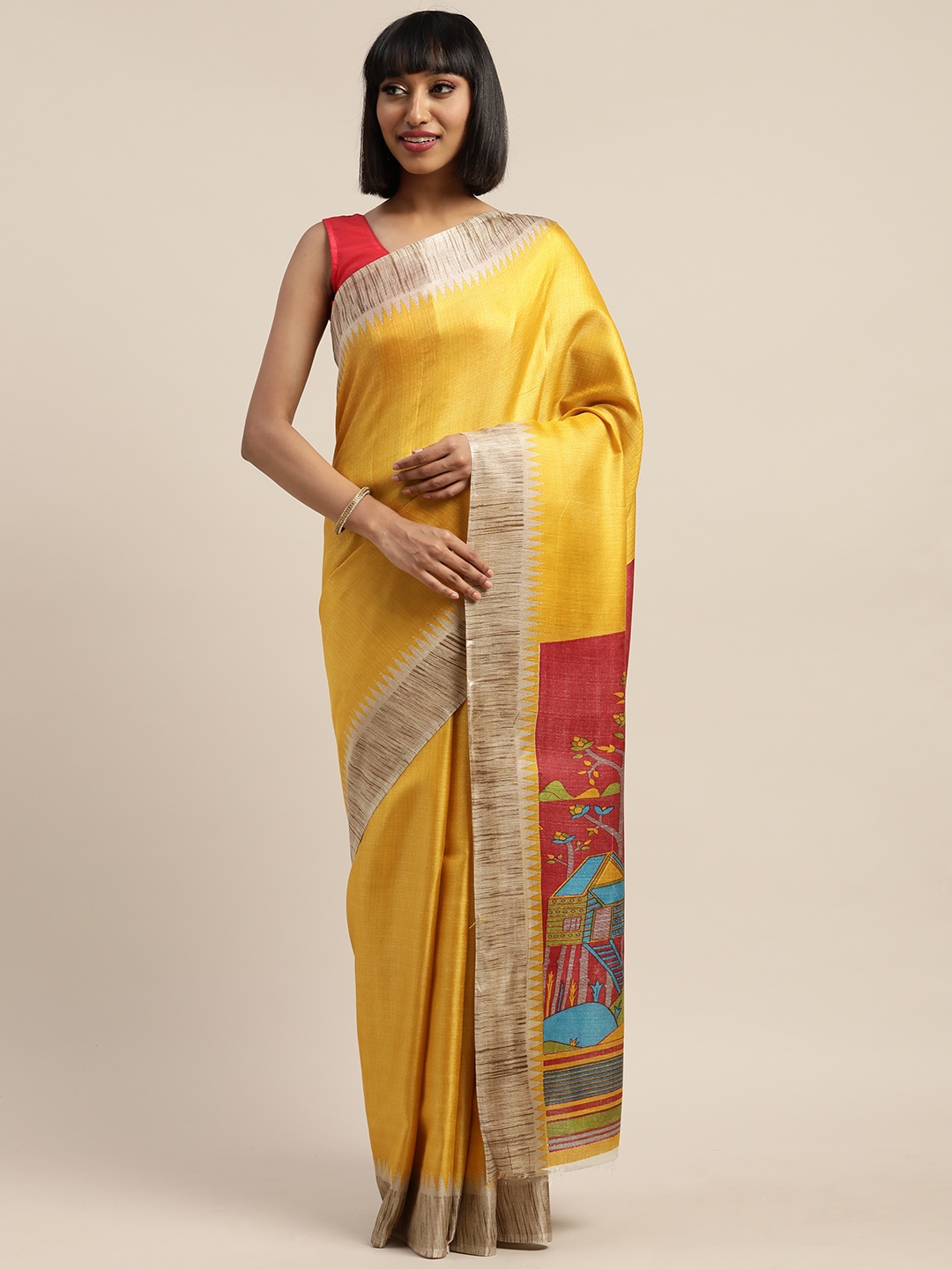 

KALINI Yellow & Beige Art Silk Printed Mysore Silk Saree