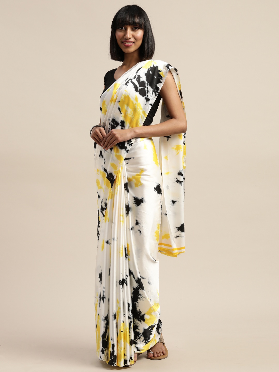 

Mitera White & Yellow Satin Dyed Saree