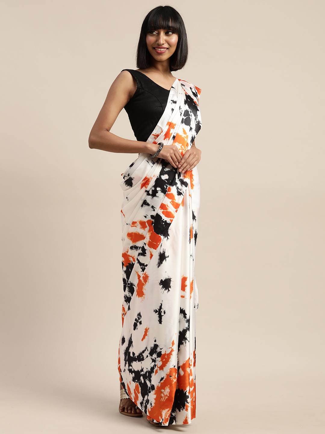 

Mitera White & Orange Satin Printed Saree