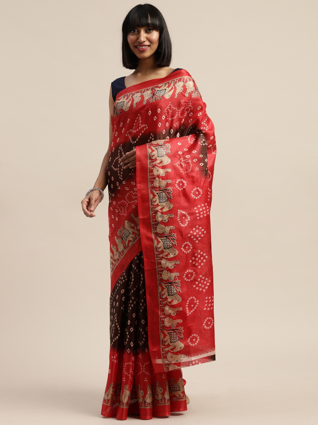 

KALINI Brown & Red Art Silk Printed Mysore Silk Saree