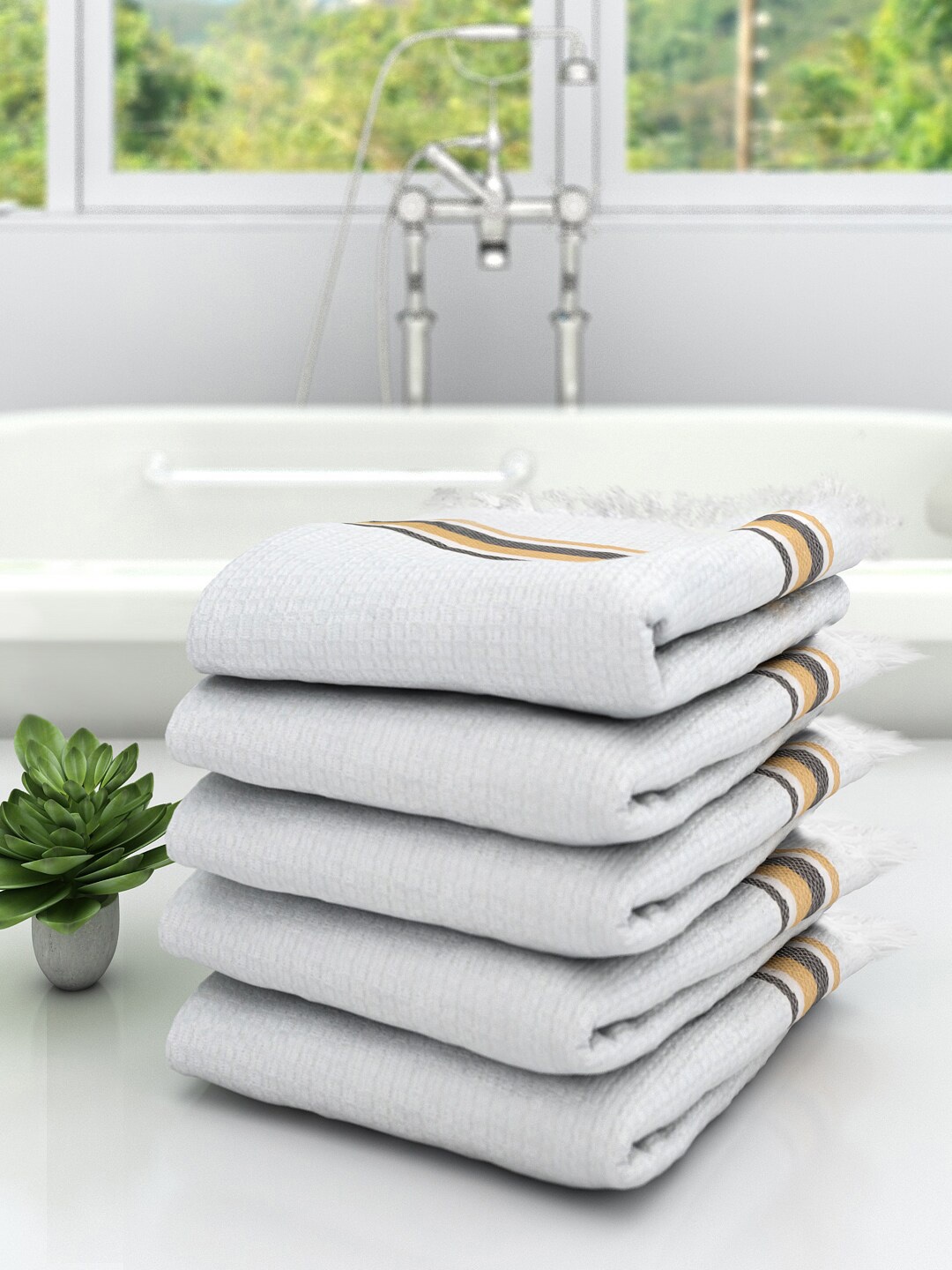 

Athom Trendz Unisex Pack Of 5 Off-White Striped 210 GSM Premium Bath Towels