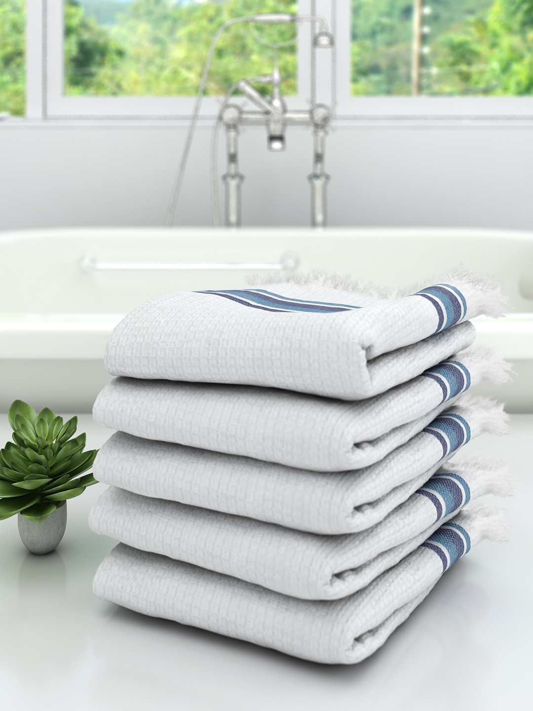 

Athom Trendz Unisex Set of 5 White & Blue Striped 210 Cotton Bath Towels
