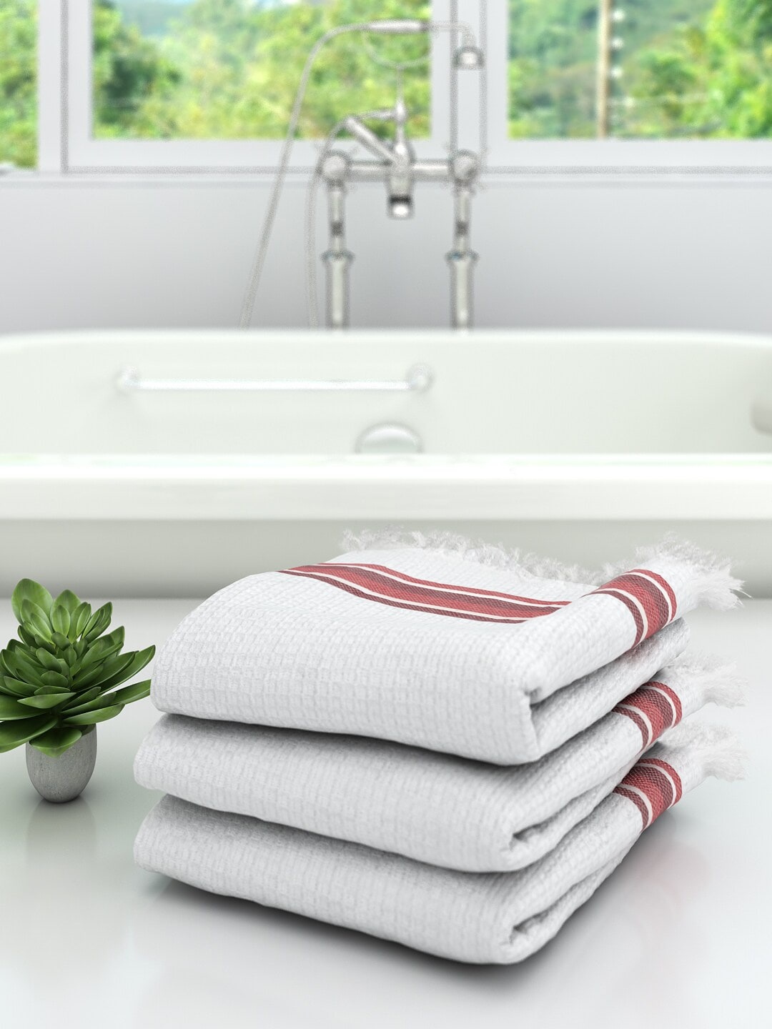 

Athom Trendz Unisex Set of 3 White & Red Striped 210 Cotton Bath Towel