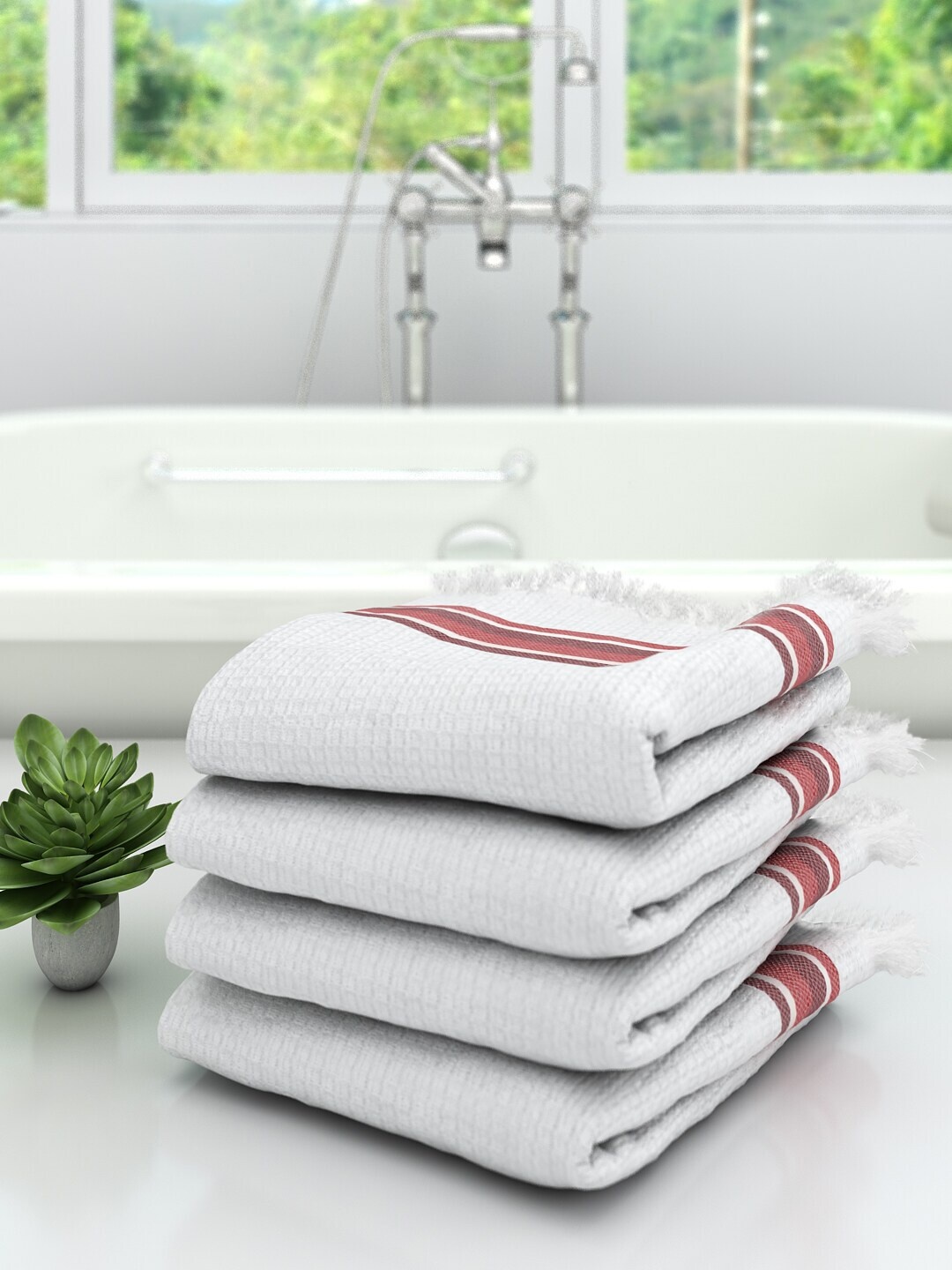 

Athom Trendz Unisex Set Of 4 White Striped 210 GSM Bath Towels