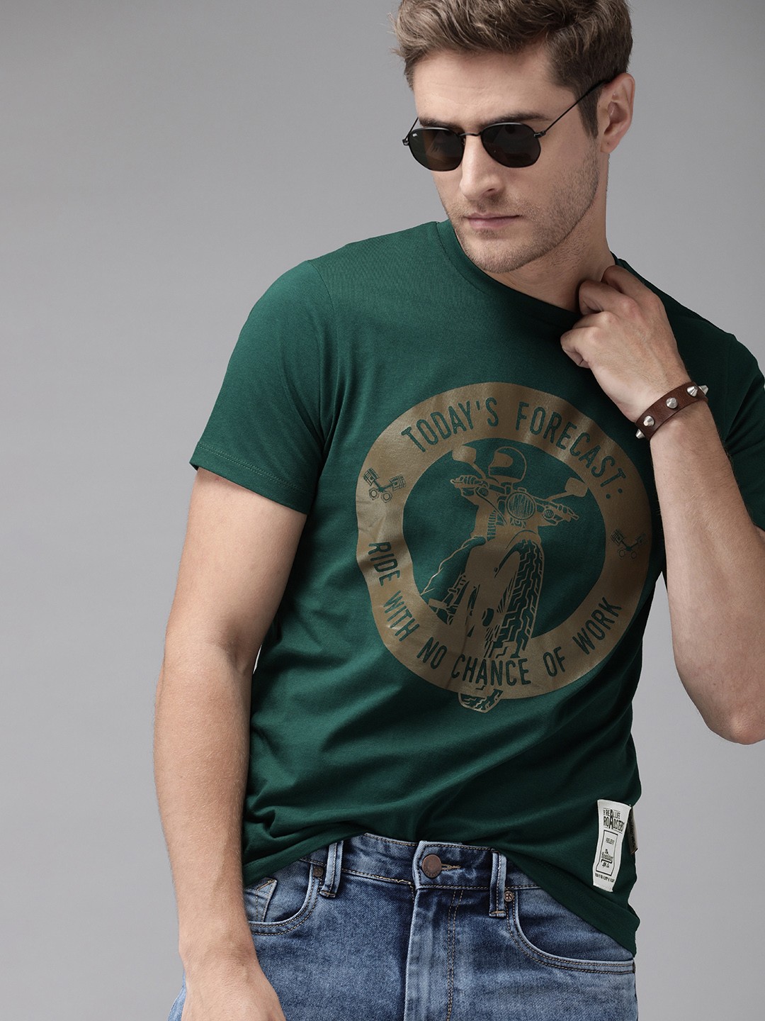 

Roadster Men Green Printed Round Neck Pure Cotton T-shirt