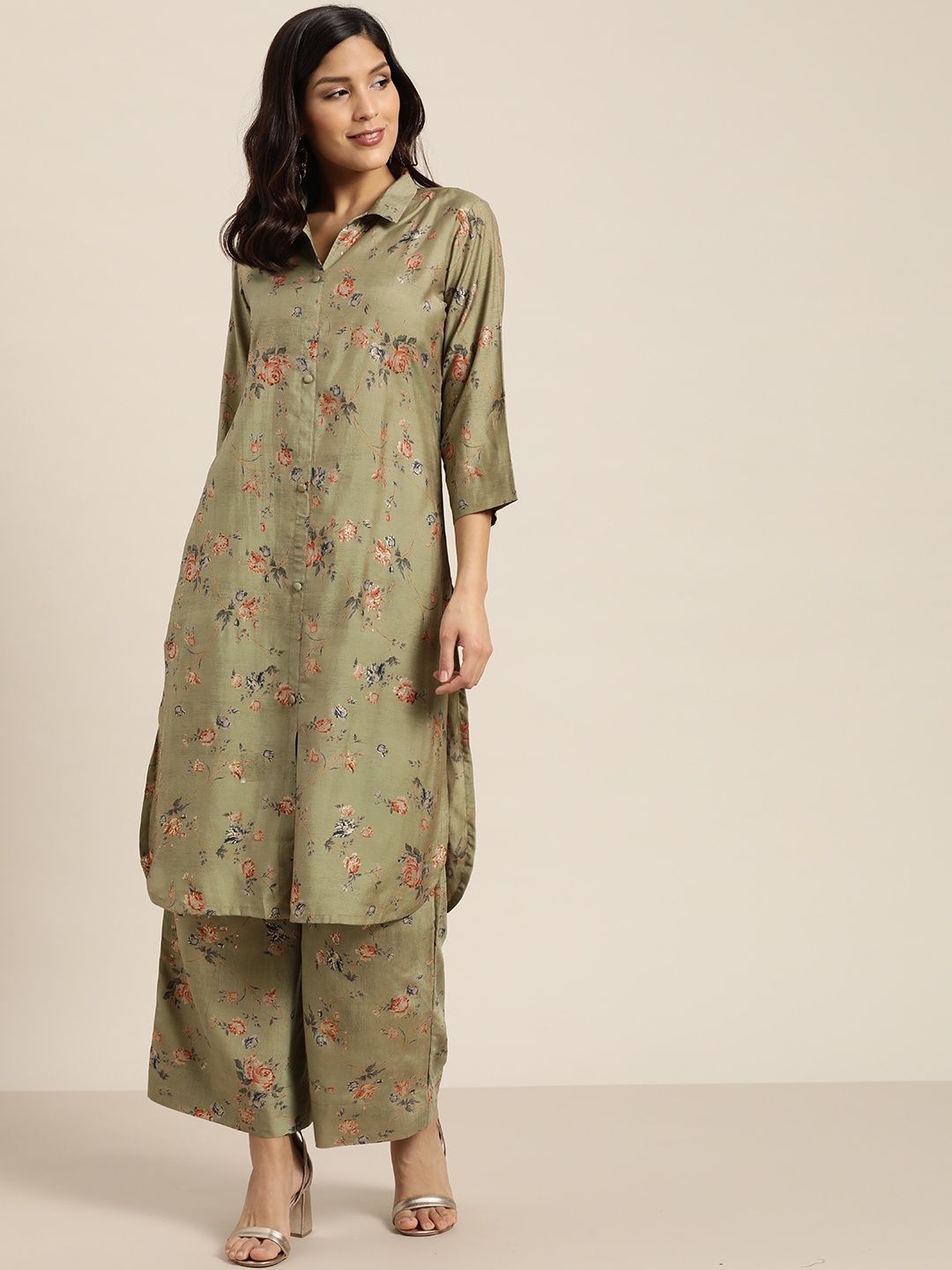 

Sangria Women Green & Peach-Coloured Foil Print Pathani Kurta with Palazzos
