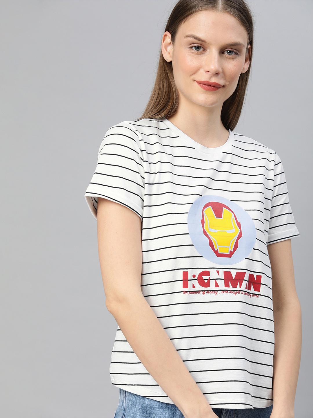 

Van Heusen Woman White Black Striped Round Neck Pure Cotton T-shirt