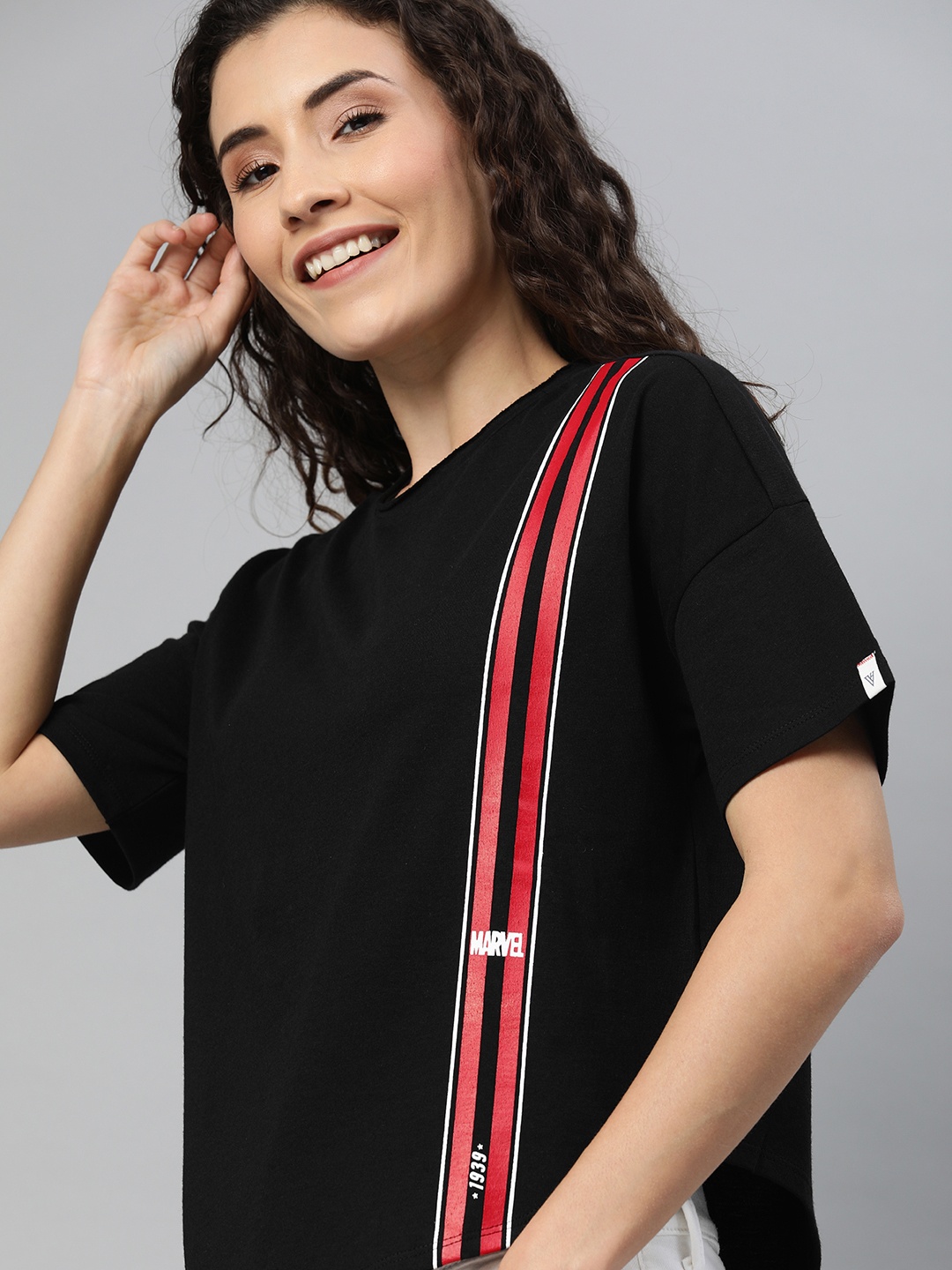 

Van Heusen Woman Black Solid Round Neck Pure Cotton T-shirt with Taping Back Printed Detailing