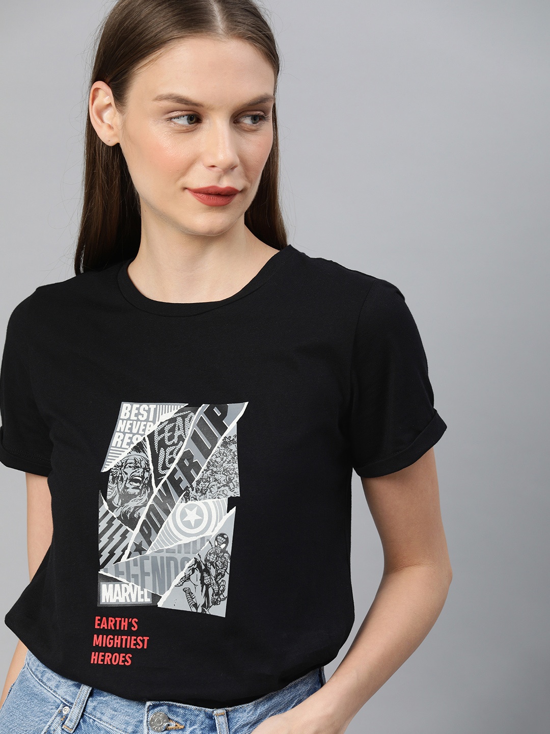 

Van Heusen Woman Women Black Marvel Avengers Printed Round Neck Pure Cotton T-shirt