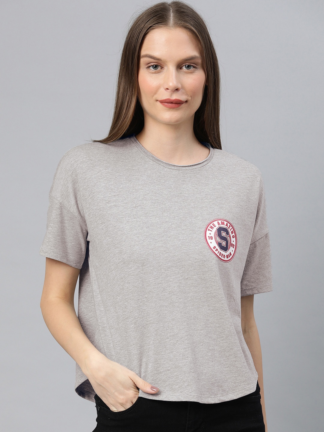 

Van Heusen Woman Grey Solid Round Neck T-shirt with Printed Detail