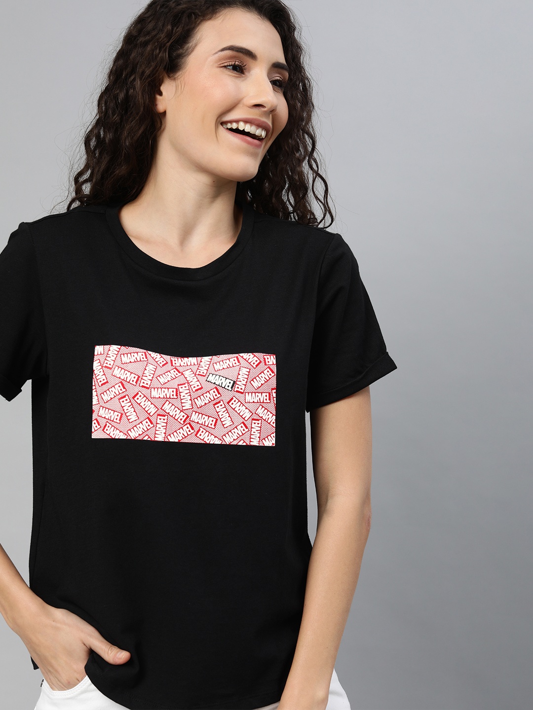 

Van Heusen Woman Women Black Marvel Printed Round Neck Pure Cotton T-shirt