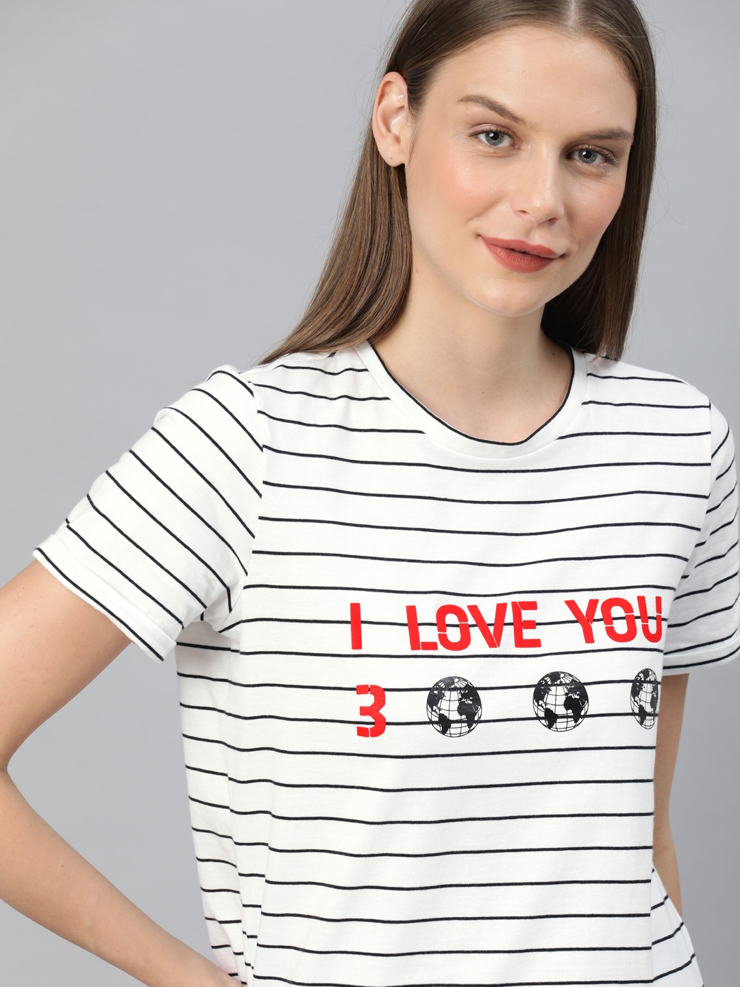

Van Heusen Woman White Black Striped Round Neck Pure Cotton T-shirt