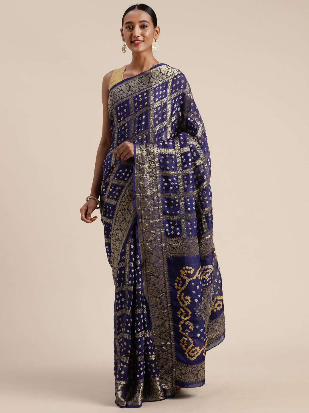 

Geroo Jaipur Hand Dyed Blue Bandhani Silk Sustainable Saree, Navy blue