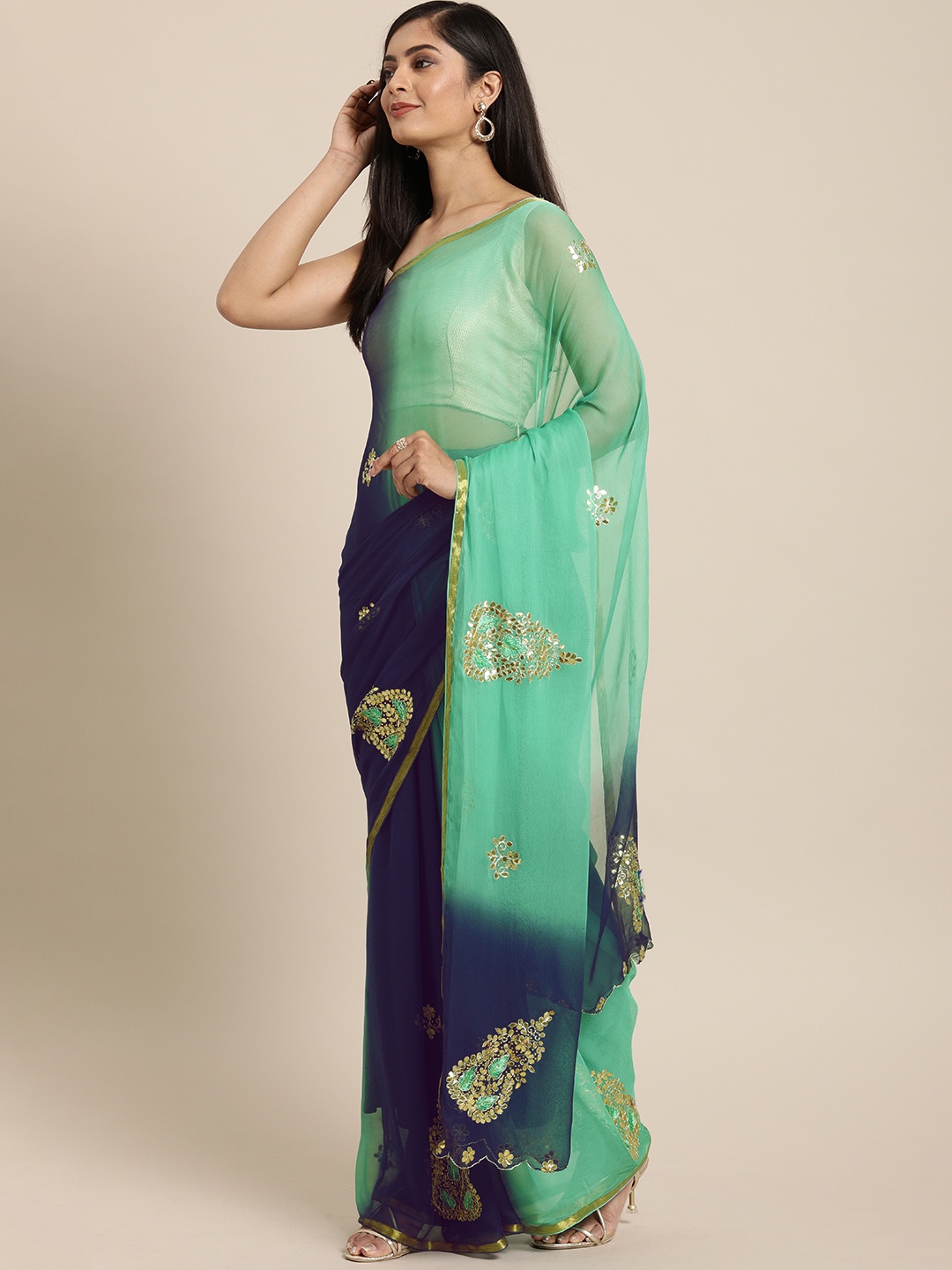 

Geroo Jaipur Blue Gota Patti Hand Embroidered Pure Chiffon Sustainable Saree, Teal