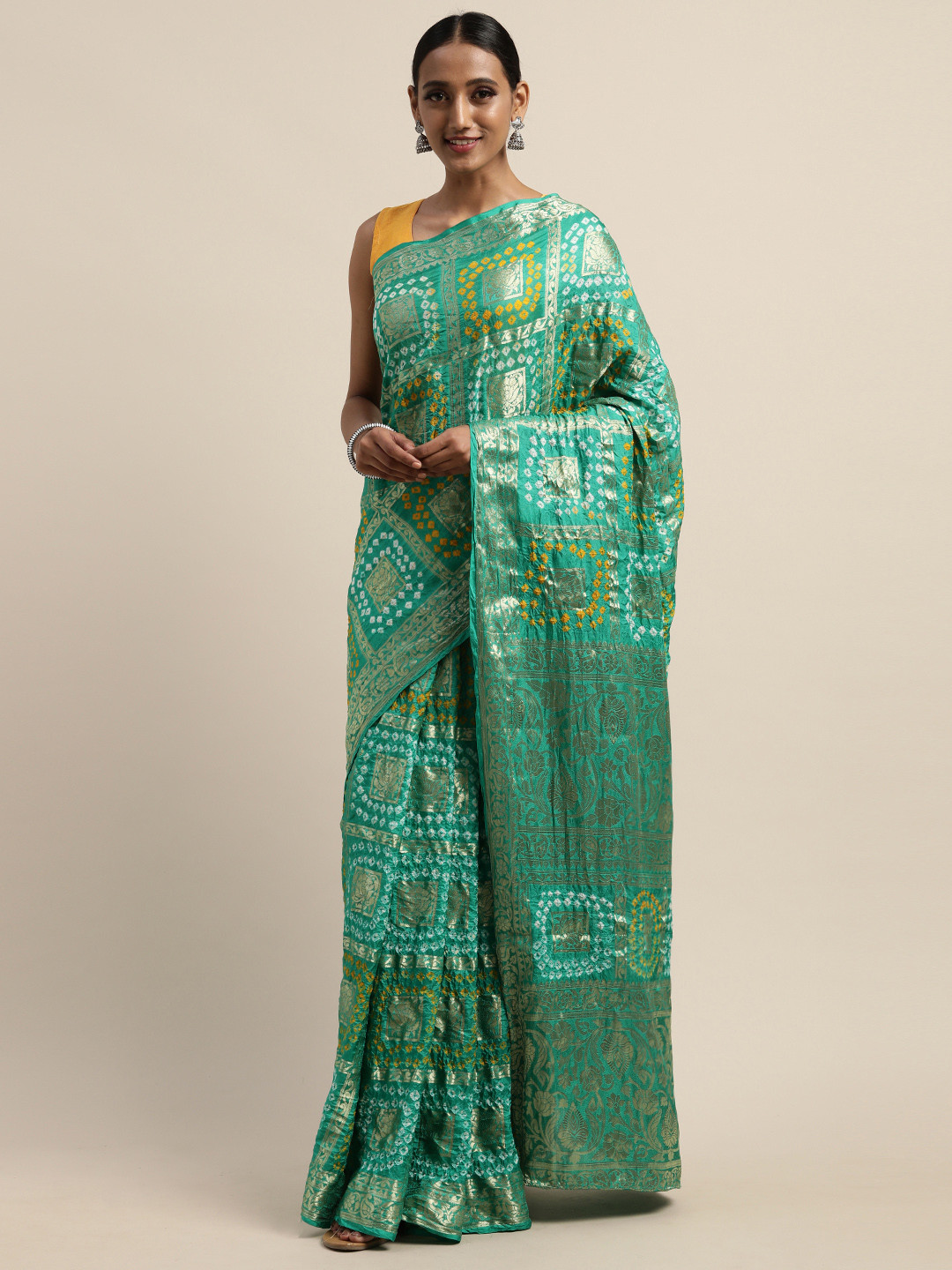 

Geroo Jaipur Hand Dyed Turqoise Blue Bandhani Silk Saree, Turquoise blue