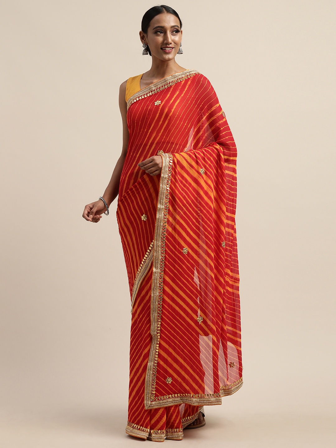 

Geroo Jaipur Hand Dyed Red Leheriya Pure Georgette Saree
