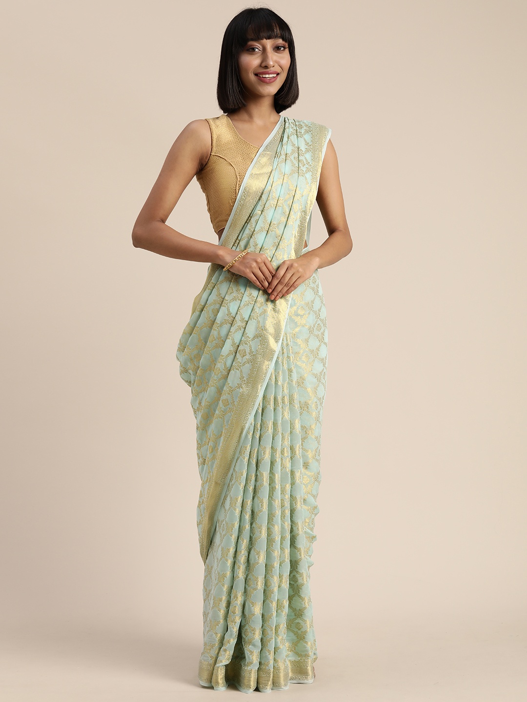 

Geroo Jaipur Sea Green Floral Zari Hand Woven Georgette Sustainable Saree