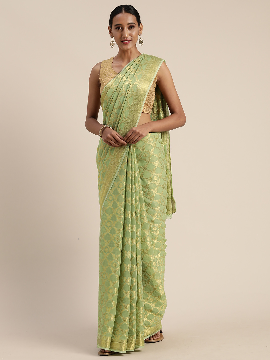

Geroo Jaipur Olive Green Floral Zari Hand Woven Georgette Saree