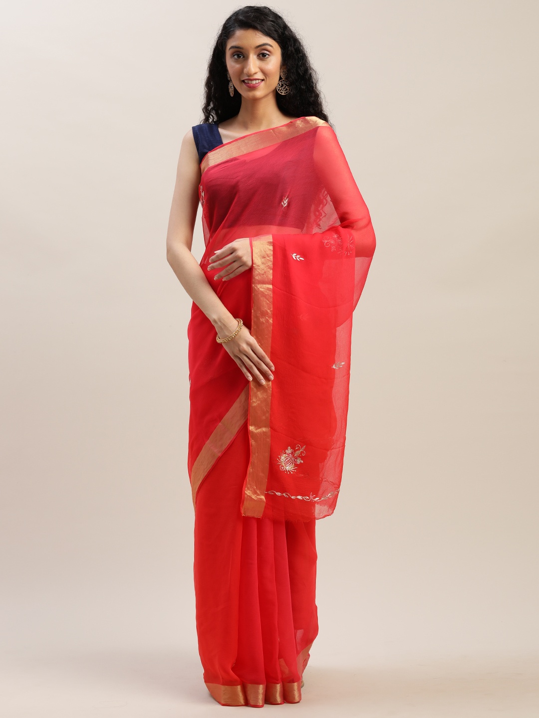 

Geroo Jaipur Red Gota Patti Hand Embroidered Pure Chiffon Saree