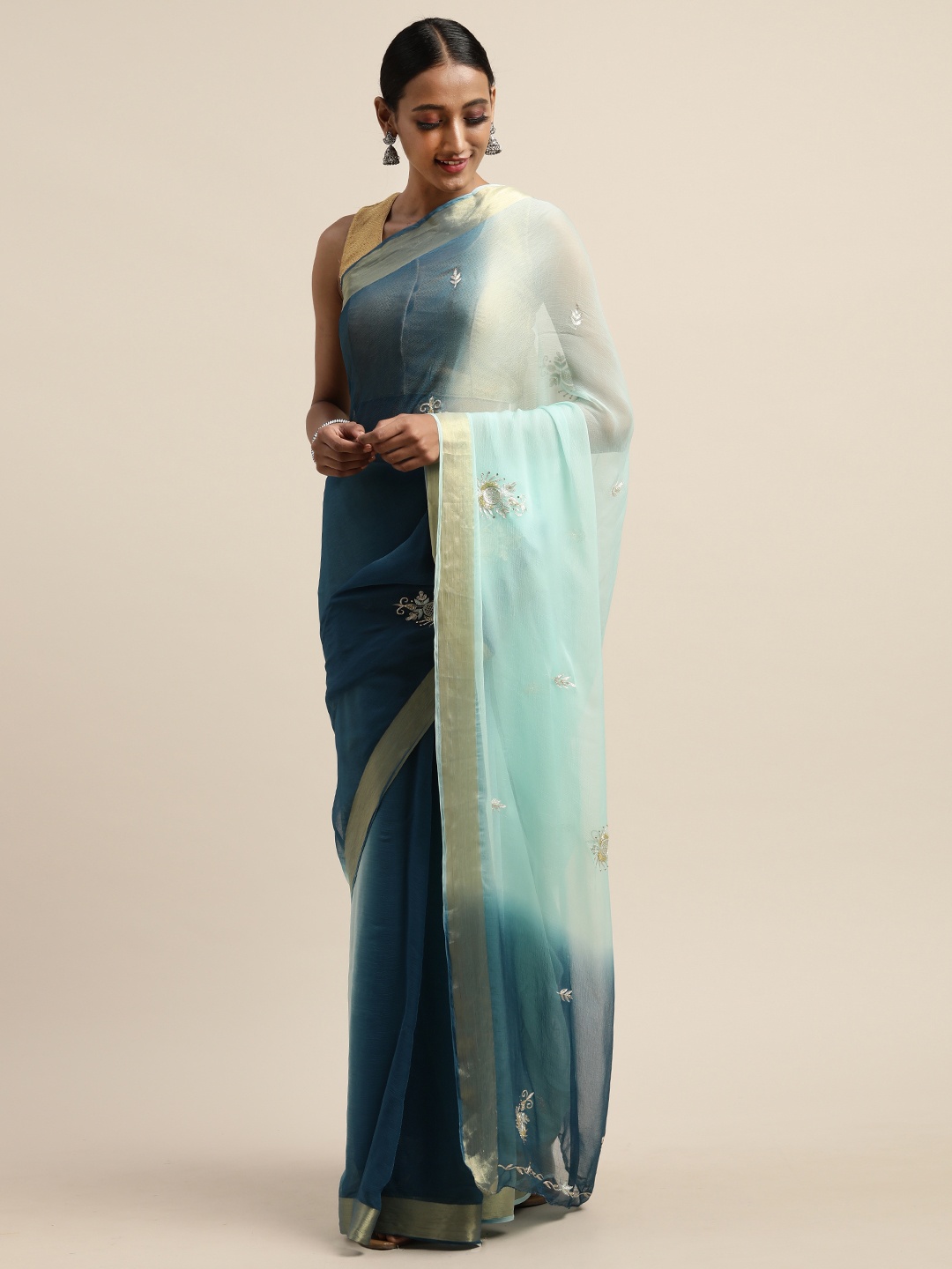 Geroo Jaipur Sea Green Gota Patti Hand Embroidered Pure Chiffon Saree, Teal