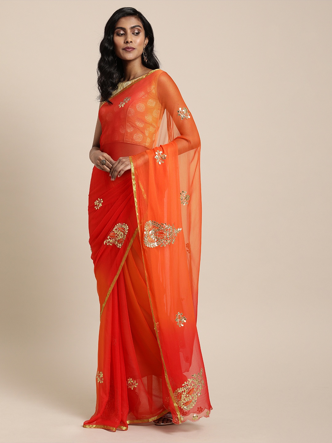 

Geroo Jaipur Red & Orange Gota Patti Hand Embroidered Pure Chiffon Sustainable Saree