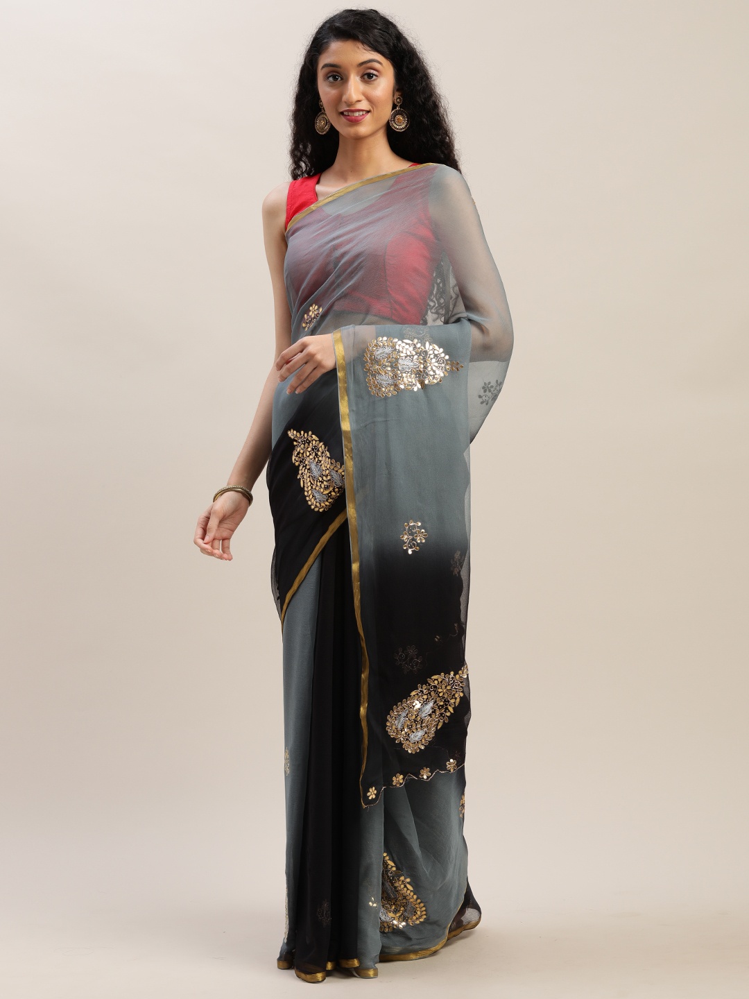

Geroo Jaipur Grey & Black Gota Patti Hand Embroidered Pure Chiffon Saree, Charcoal