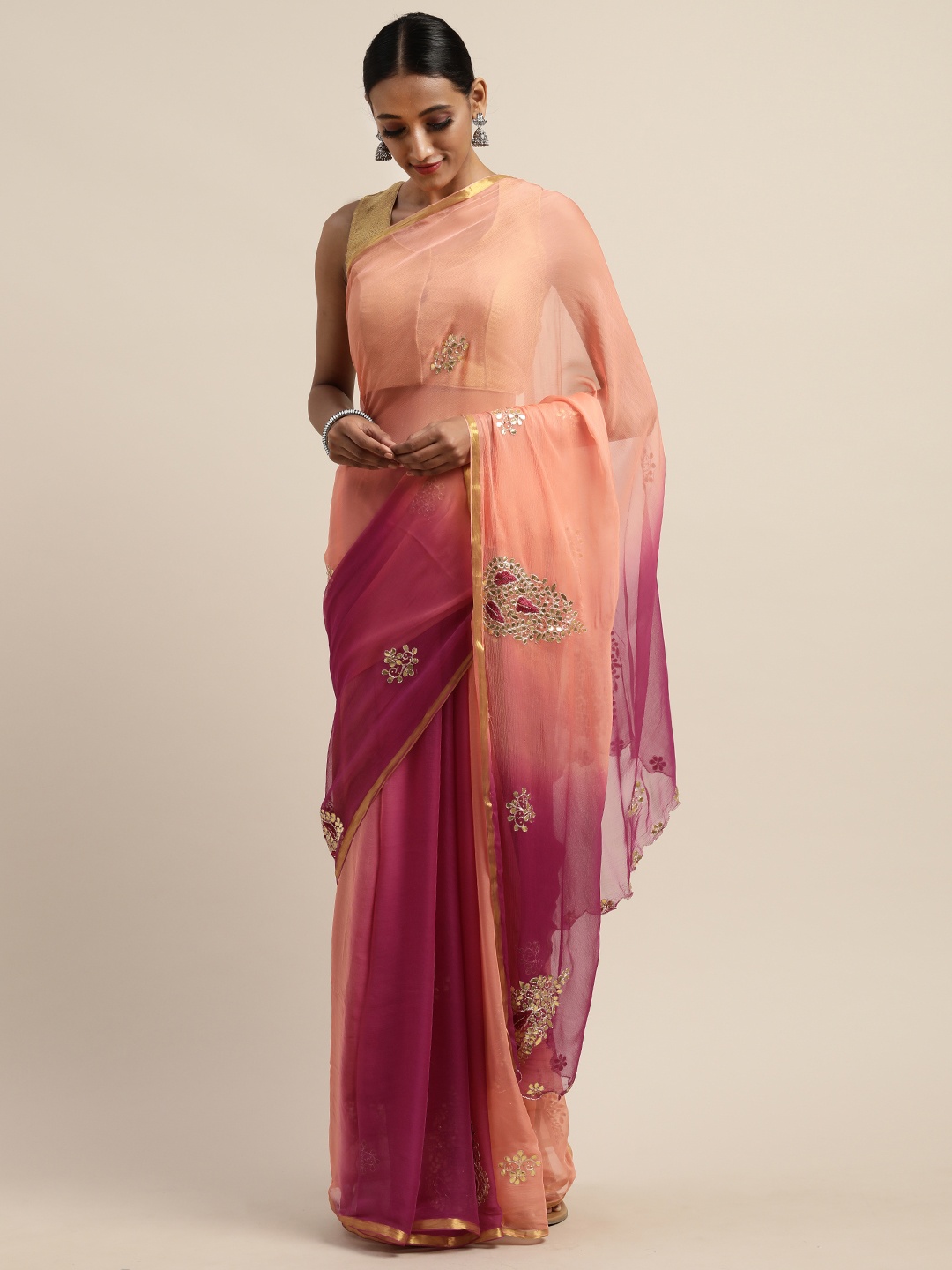 

Geroo Jaipur Peach & Red Gota Patti Hand Embroidered Pure Chiffon Saree