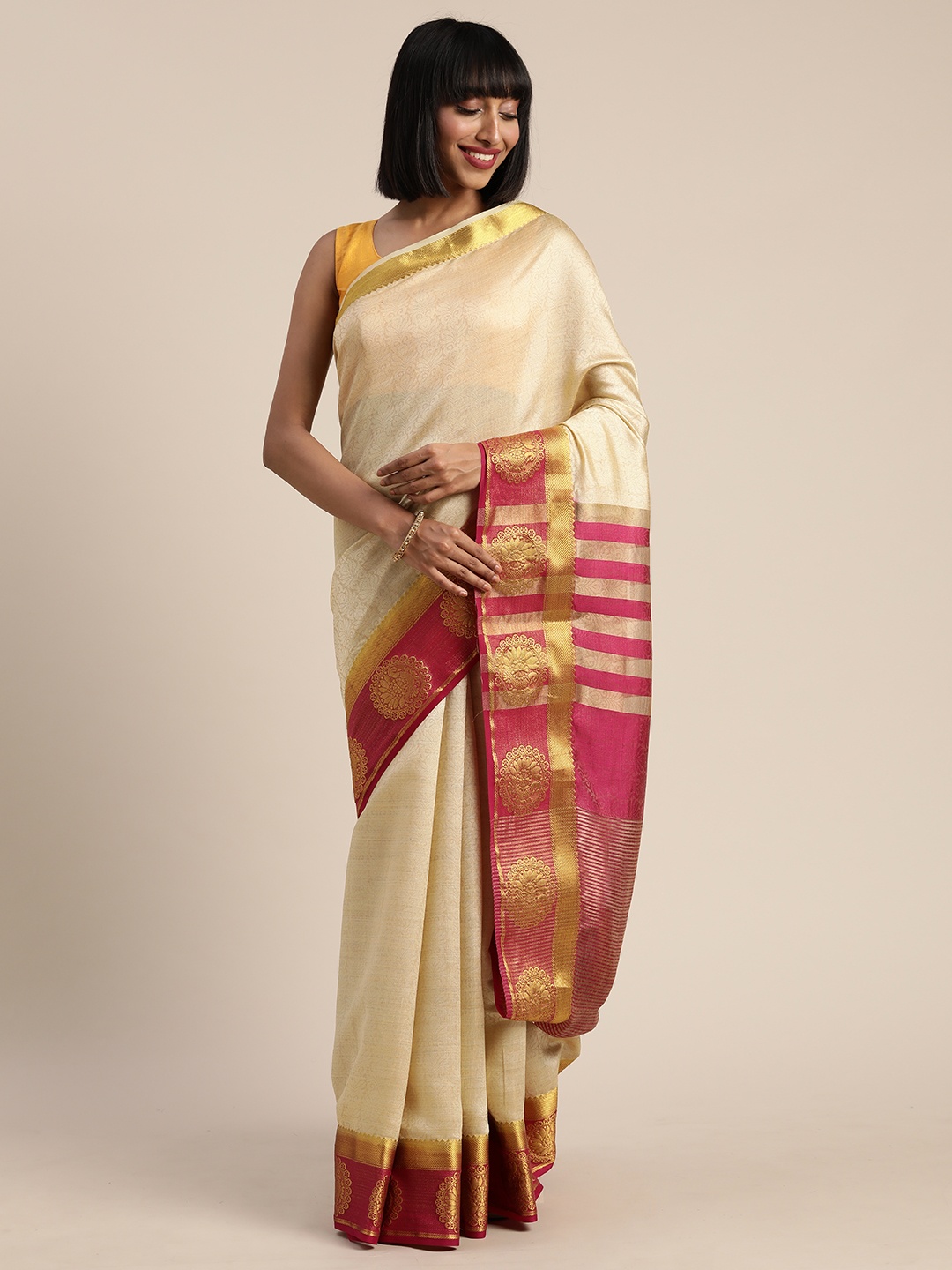 

MIMOSA Beige & Magenta Pink Art Silk Woven Design Kanjeevaram Saree