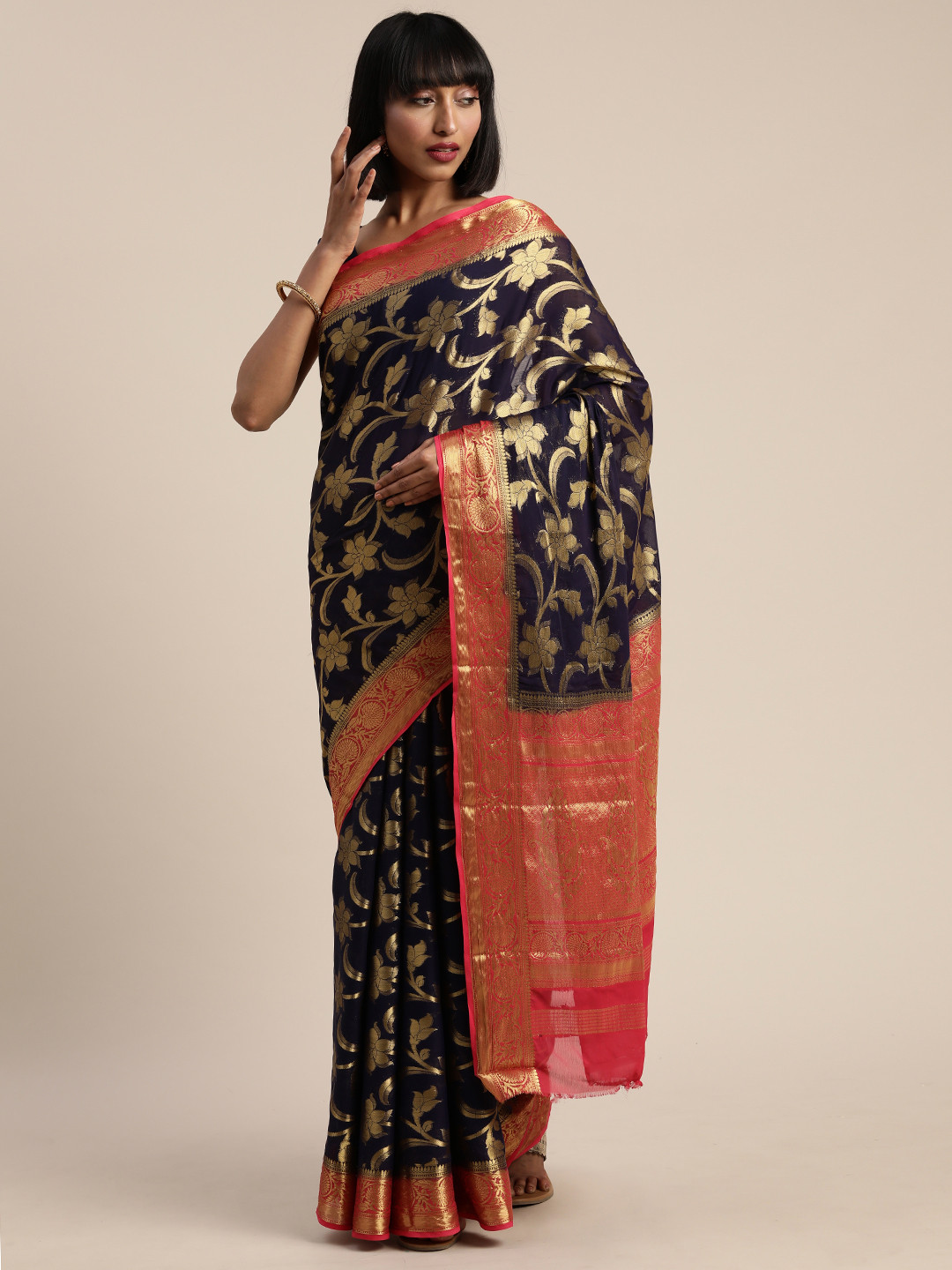 

MIMOSA Navy Blue & Golden Poly Chiffon Woven Design Banarasi Saree