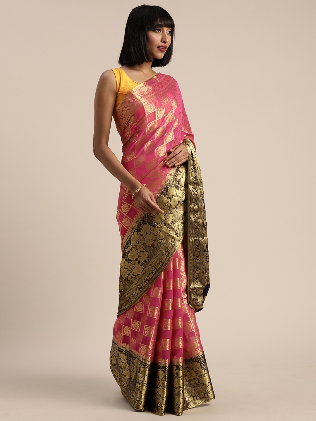 

MIMOSA Pink & Gold-Coloured Poly Chiffon Woven Design Banarasi Saree