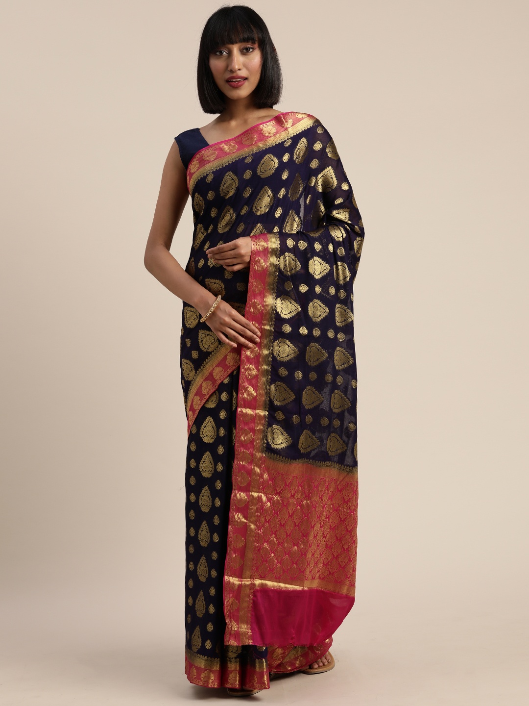 

MIMOSA Navy Blue & Pink Poly Chiffon Woven Design Banarasi Saree